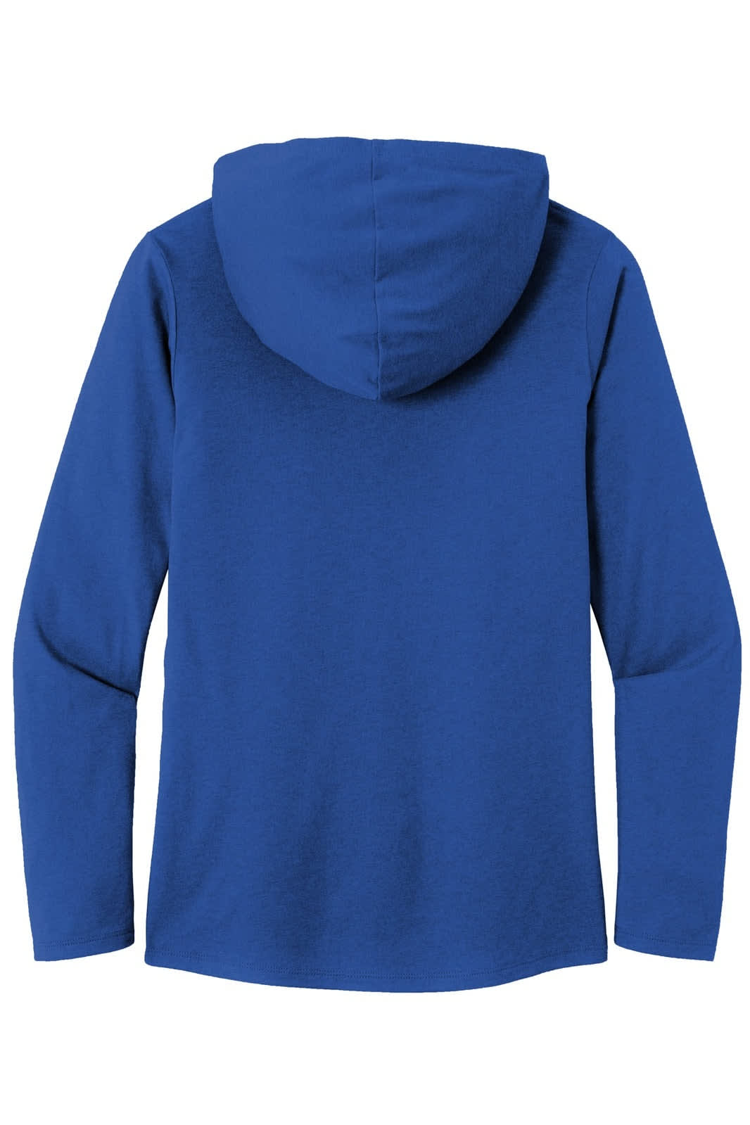 A blue long sleeve hoodie with a hood, featuring a logo on the back.