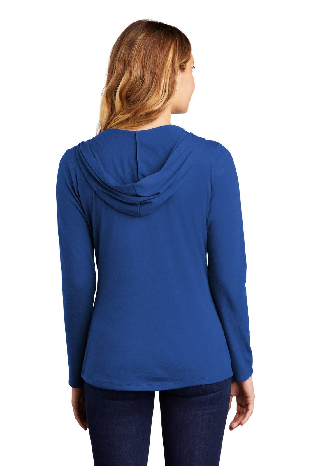 A blue ladies long sleeve hoodie with a hood, featuring a plain back design and fitted silhouette.