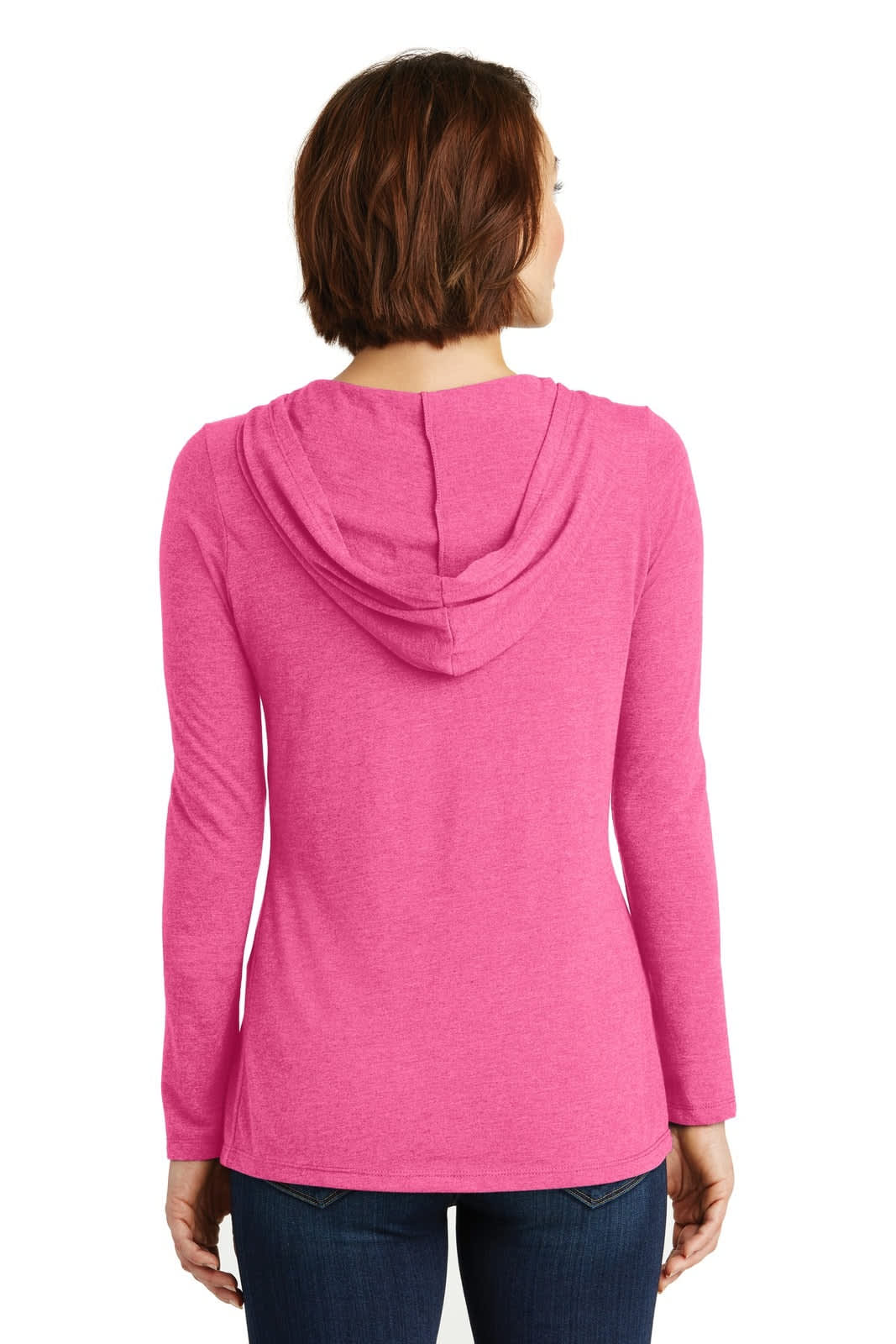 A long-sleeve hoodie in bright pink, featuring a hood and a fitted design, with a small logo on the back.
