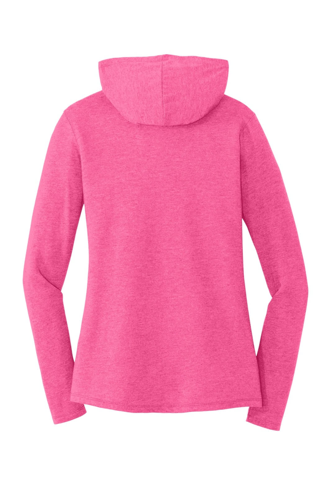 A pink long sleeve hoodie with a hood, featuring a fitted design and long sleeves. Includes a logo on the garment.