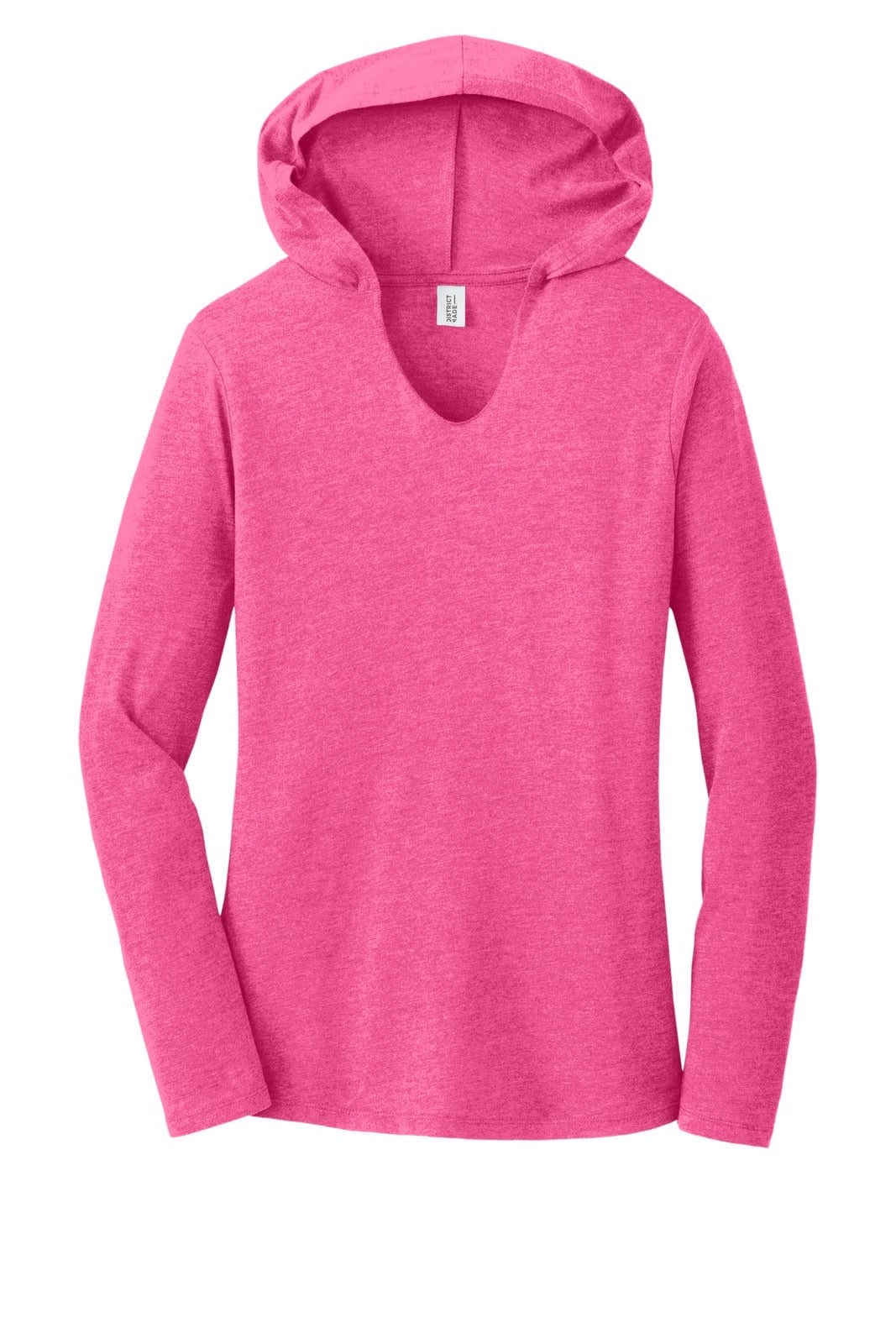A pink long sleeve hoodie with a v-neck and a hood, featuring a branding logo.