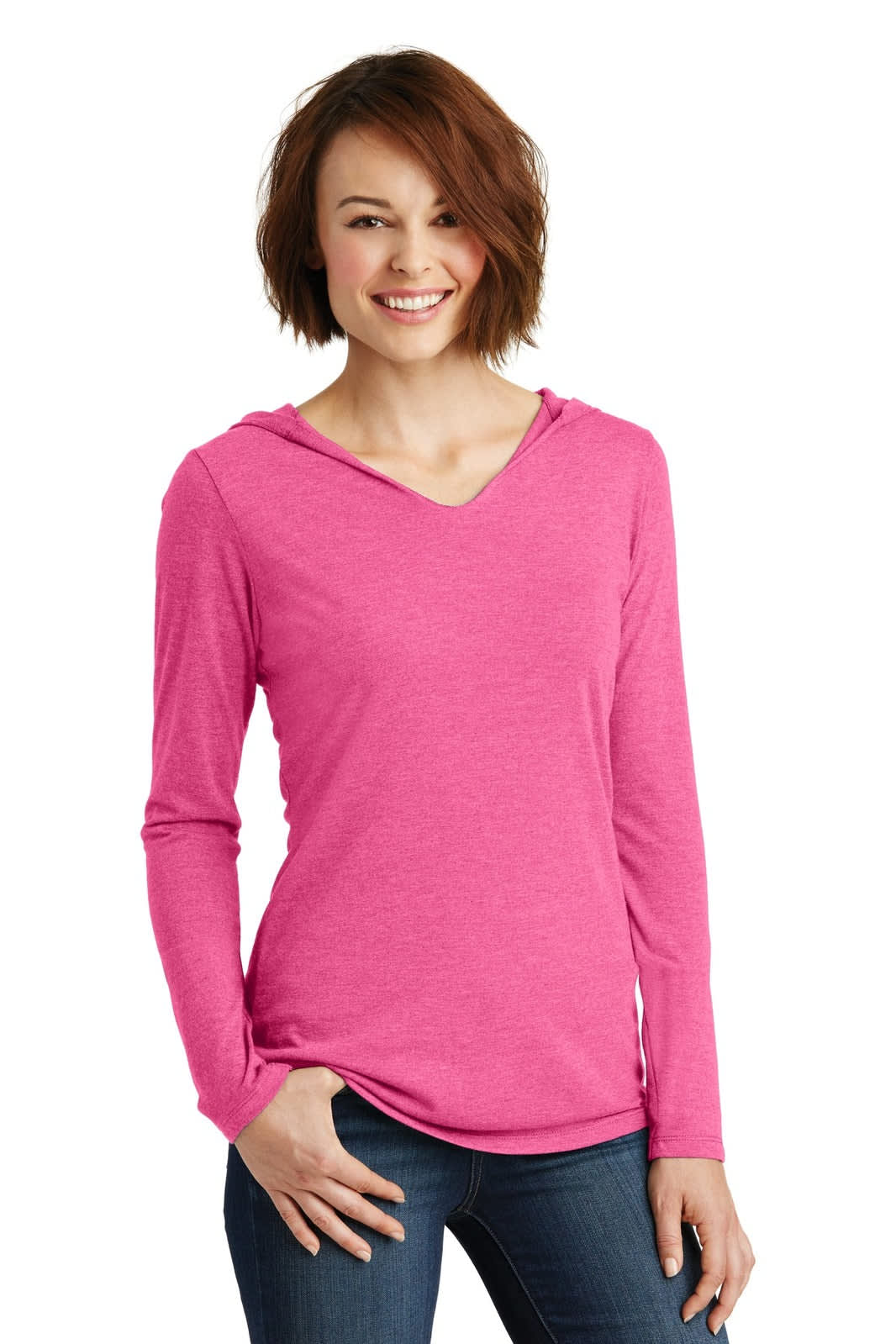 A pink long sleeve hoodie with a v-neck and a kangaroo pocket, worn by a model. It has a logo.
