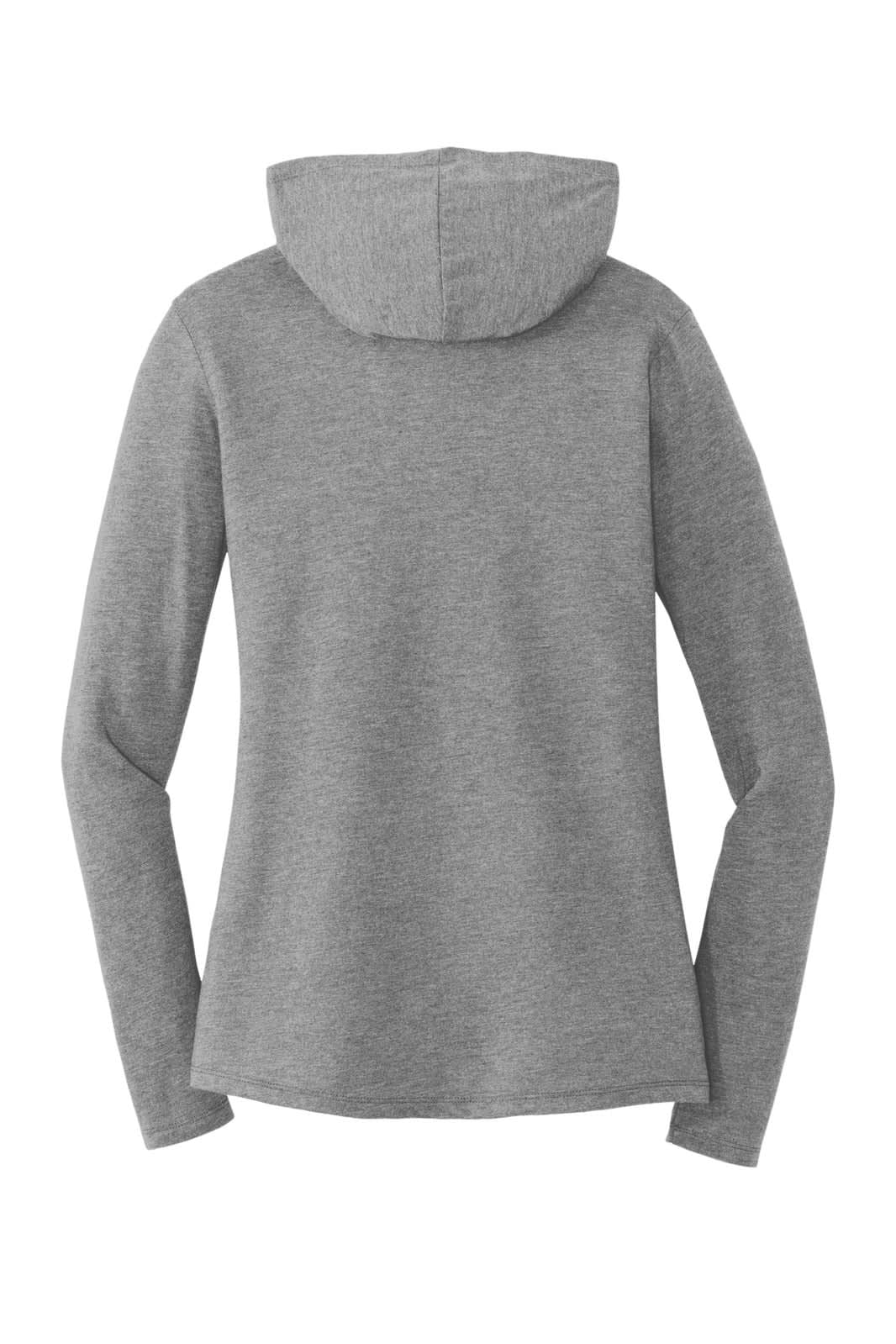 A grey long sleeve hoodie with a hood and a fitted design, featuring a branding logo.