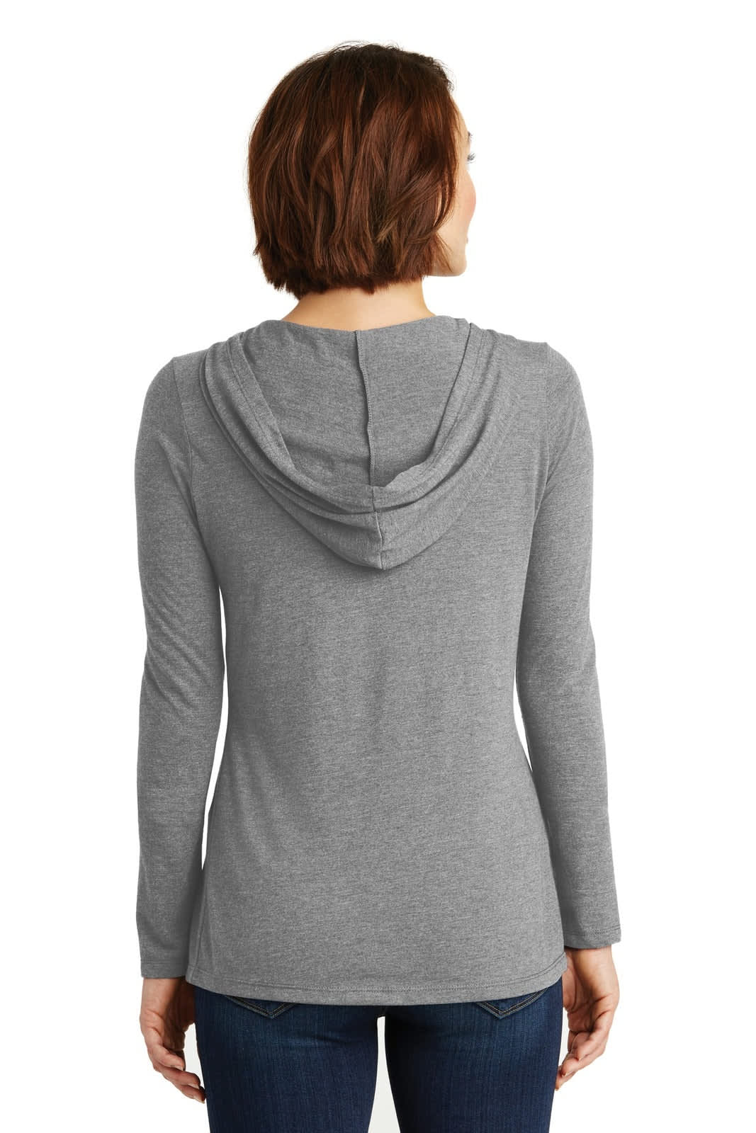 A grey long sleeve hoodie with a hood, featuring a fitted body and long sleeves. It has a logo on the back.