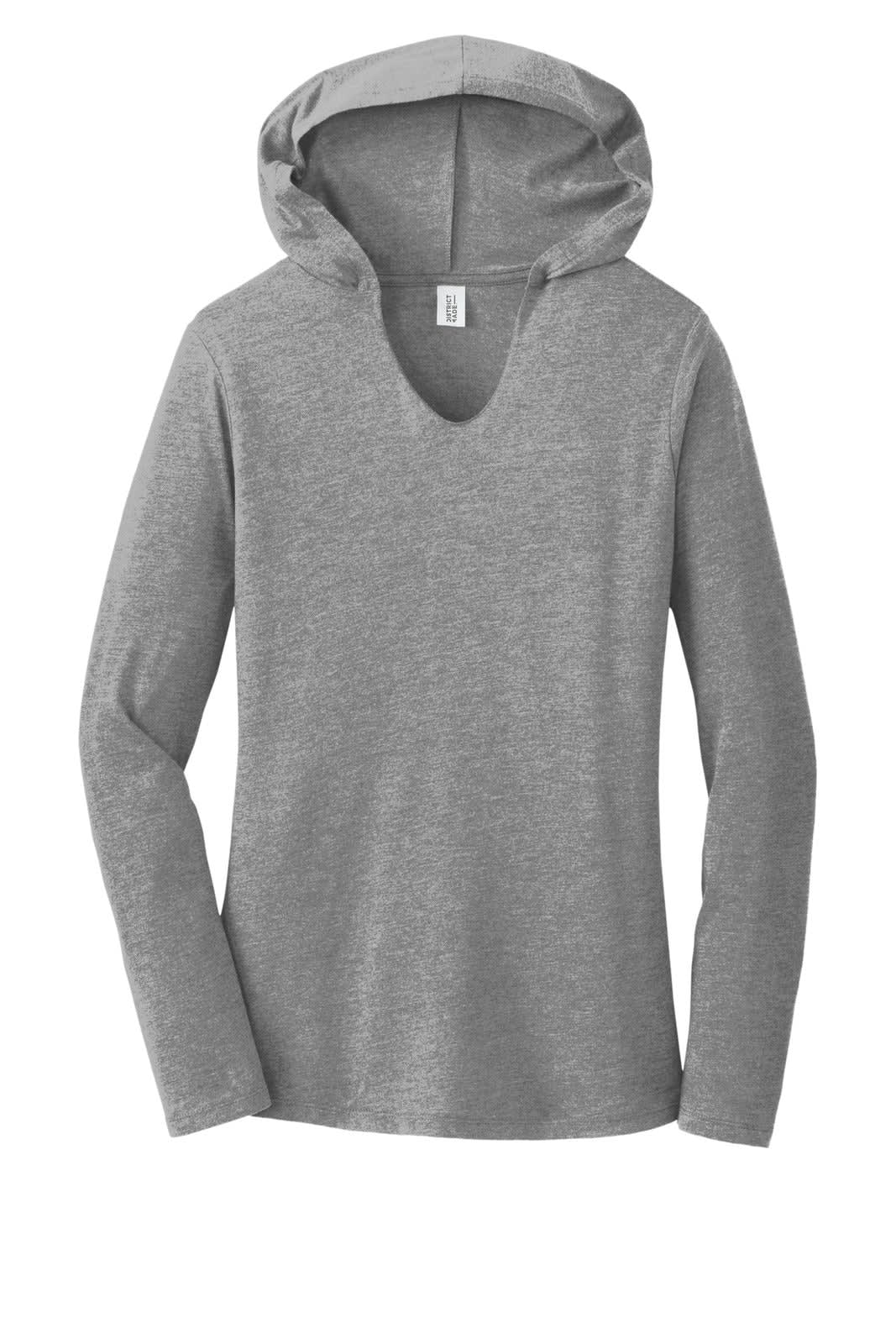 A grey long sleeve hoodie with a hood and a scoop neckline. It has a logo on it.