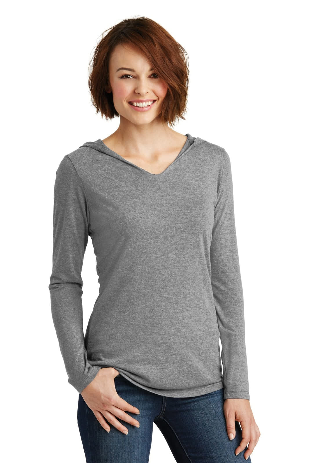 A long-sleeve grey hoodie with a V-neck design, featuring a hood and a fitted style.
