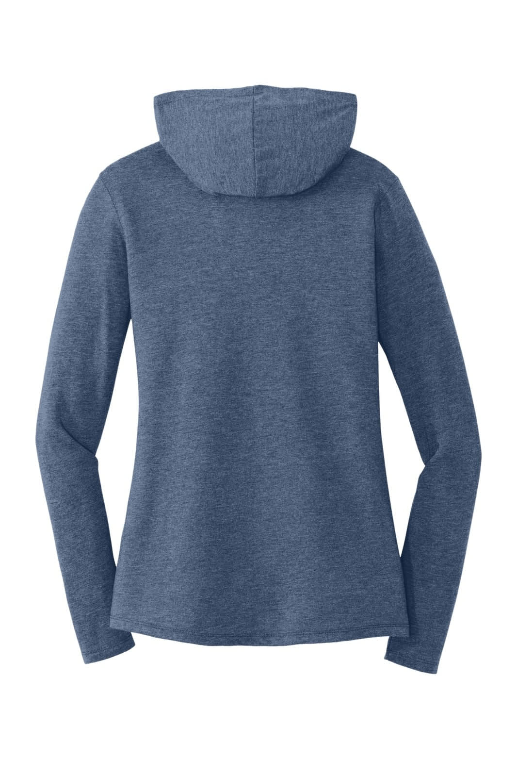 A long sleeve hoodie in a heathered navy colour, featuring a hood and a sleek, fitted design. It has a logo.