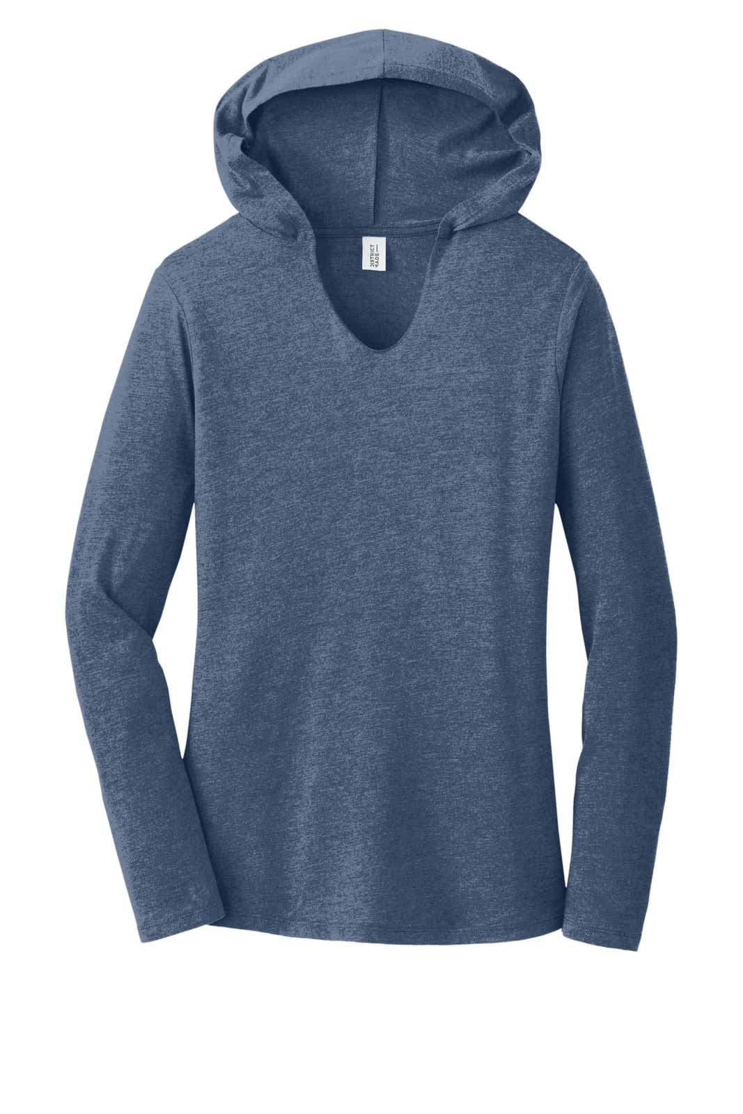 A long sleeve hoodie in navy blue, featuring a hood and a scoop neckline. It has a logo on the label.