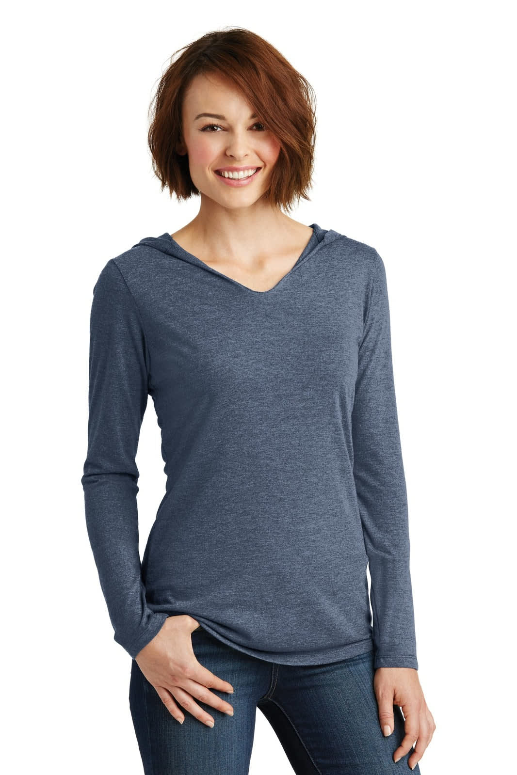 A ladies long sleeve hoodie in navy blue, with a hood and a relaxed fit. It features a logo on the front.
