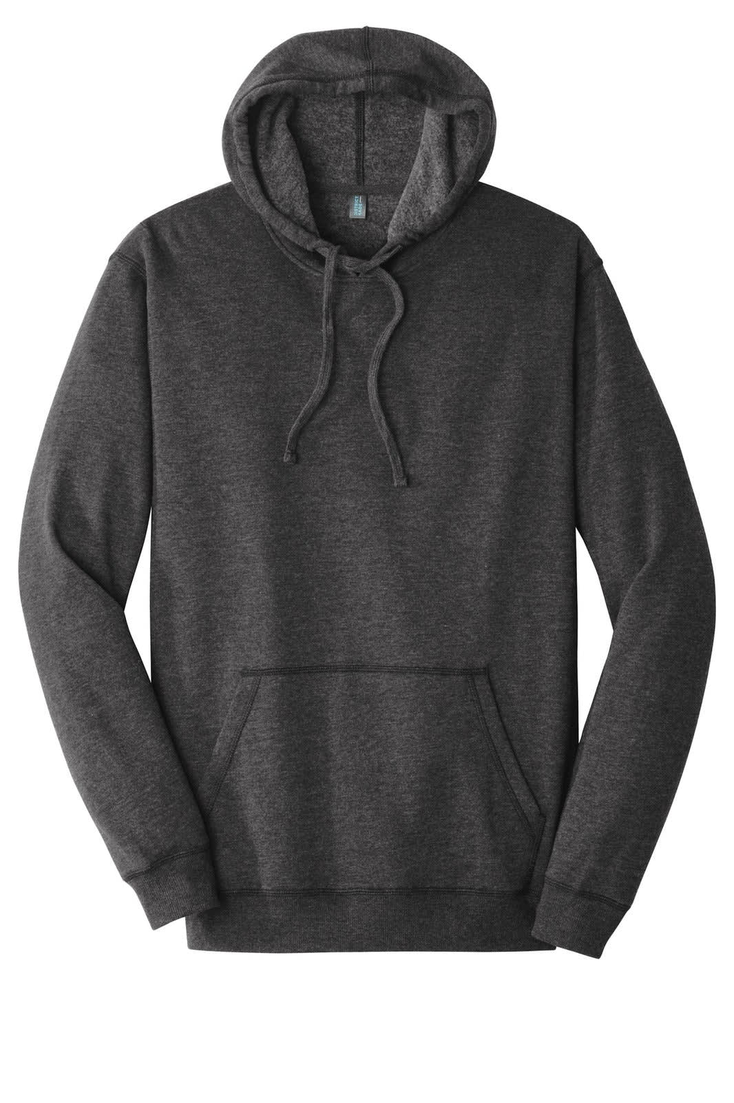 A lightweight fleece hoodie in dark grey with a front pocket and a hood. It features a logo on the sleeve.