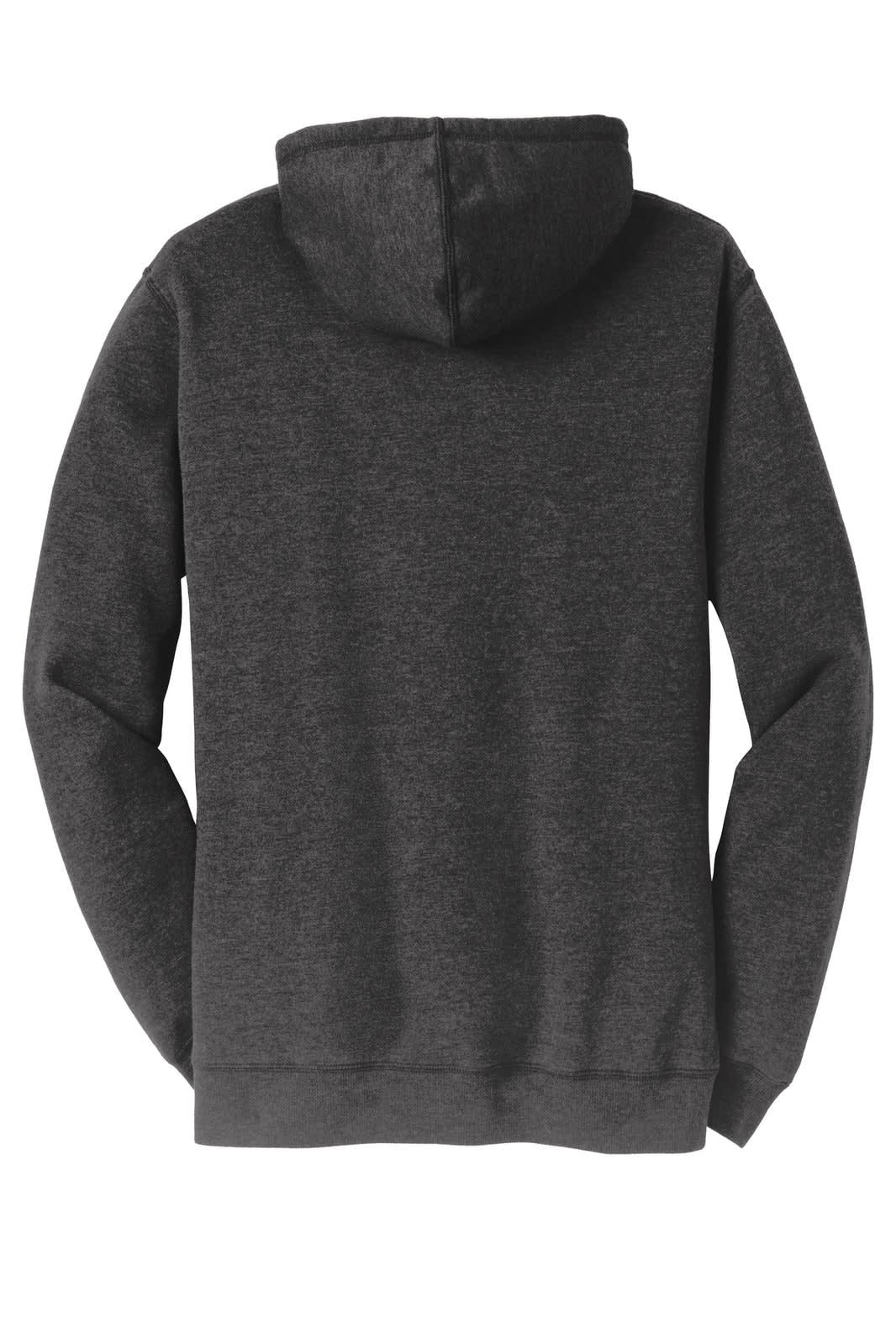 A lightweight fleece hoodie in dark grey, featuring a hood and long sleeves, with a small logo on the back.