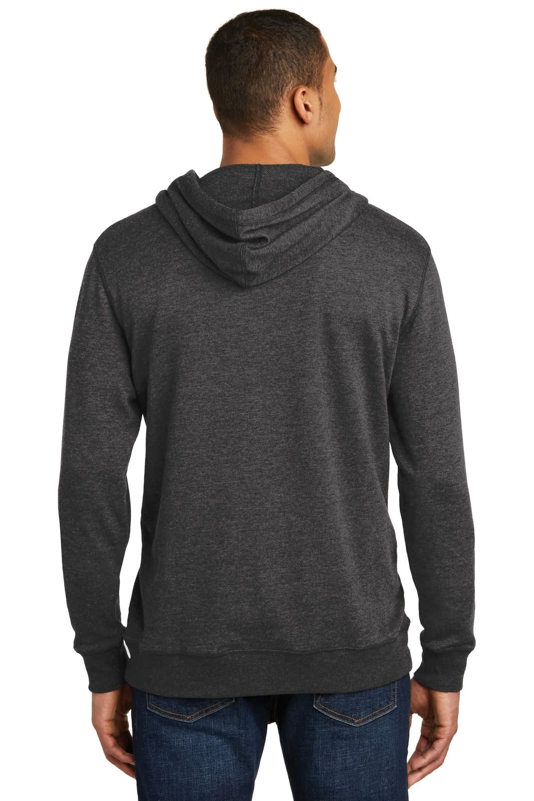 A dark grey lightweight fleece hoodie with a hood, shown from the back, featuring a logo on the side.