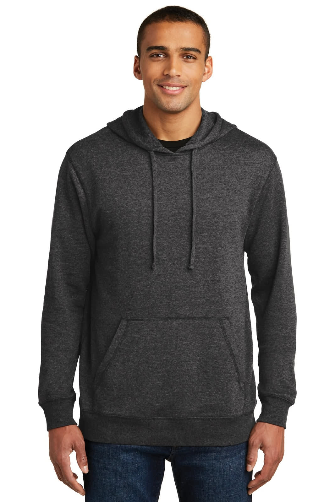 A grey lightweight fleece hoodie for men with a kangaroo pocket and drawstring hood. Features branding.