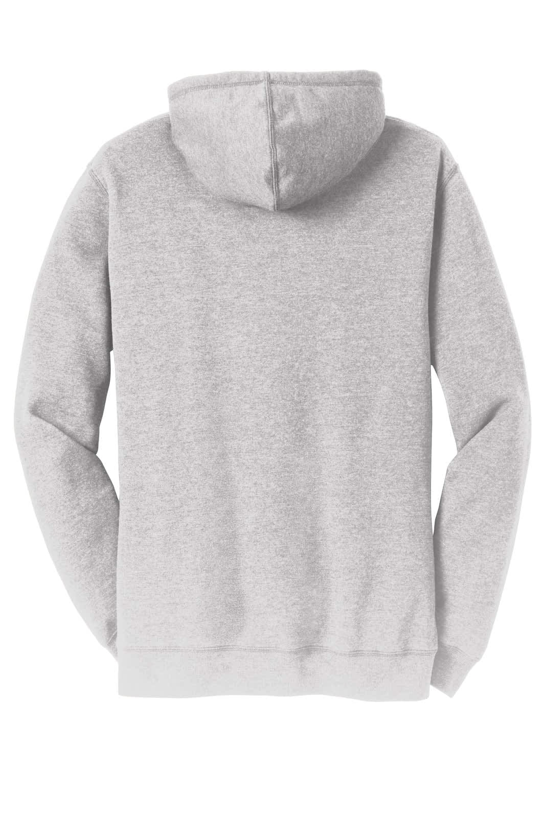 A lightweight fleece hoodie in grey with a hood and long sleeves, featuring a logo on the back.