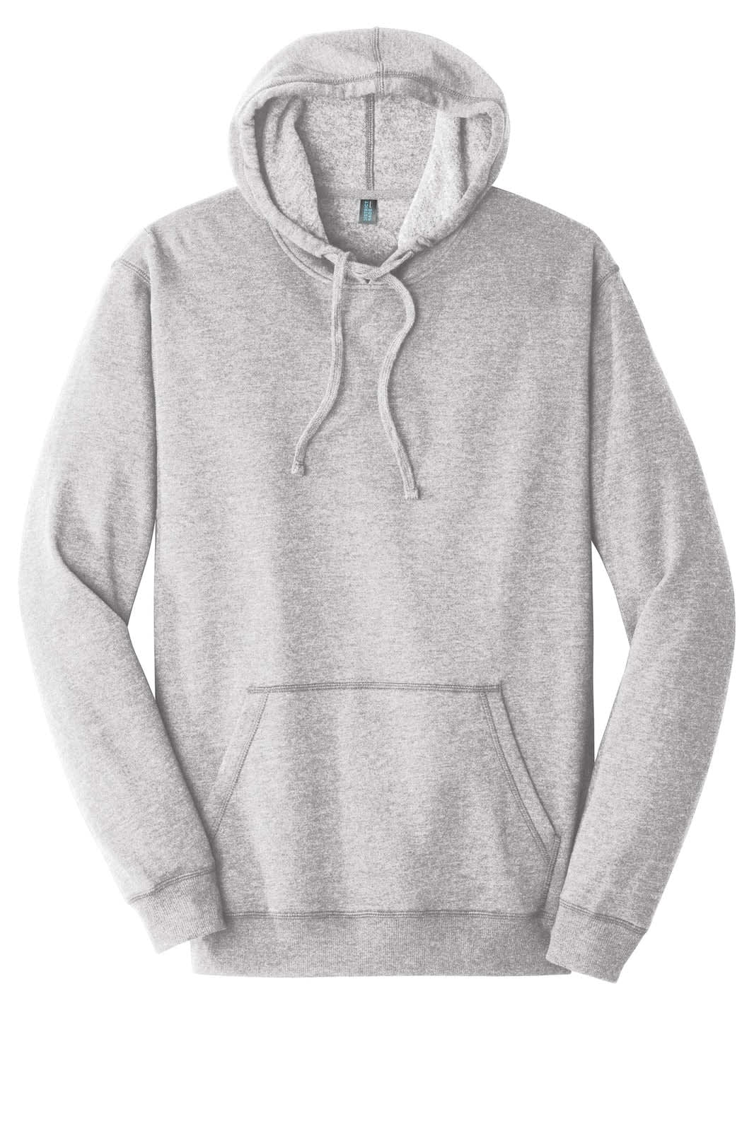 A lightweight fleece hoodie in light grey with a front pocket and a drawstring hood. Features a branding logo.
