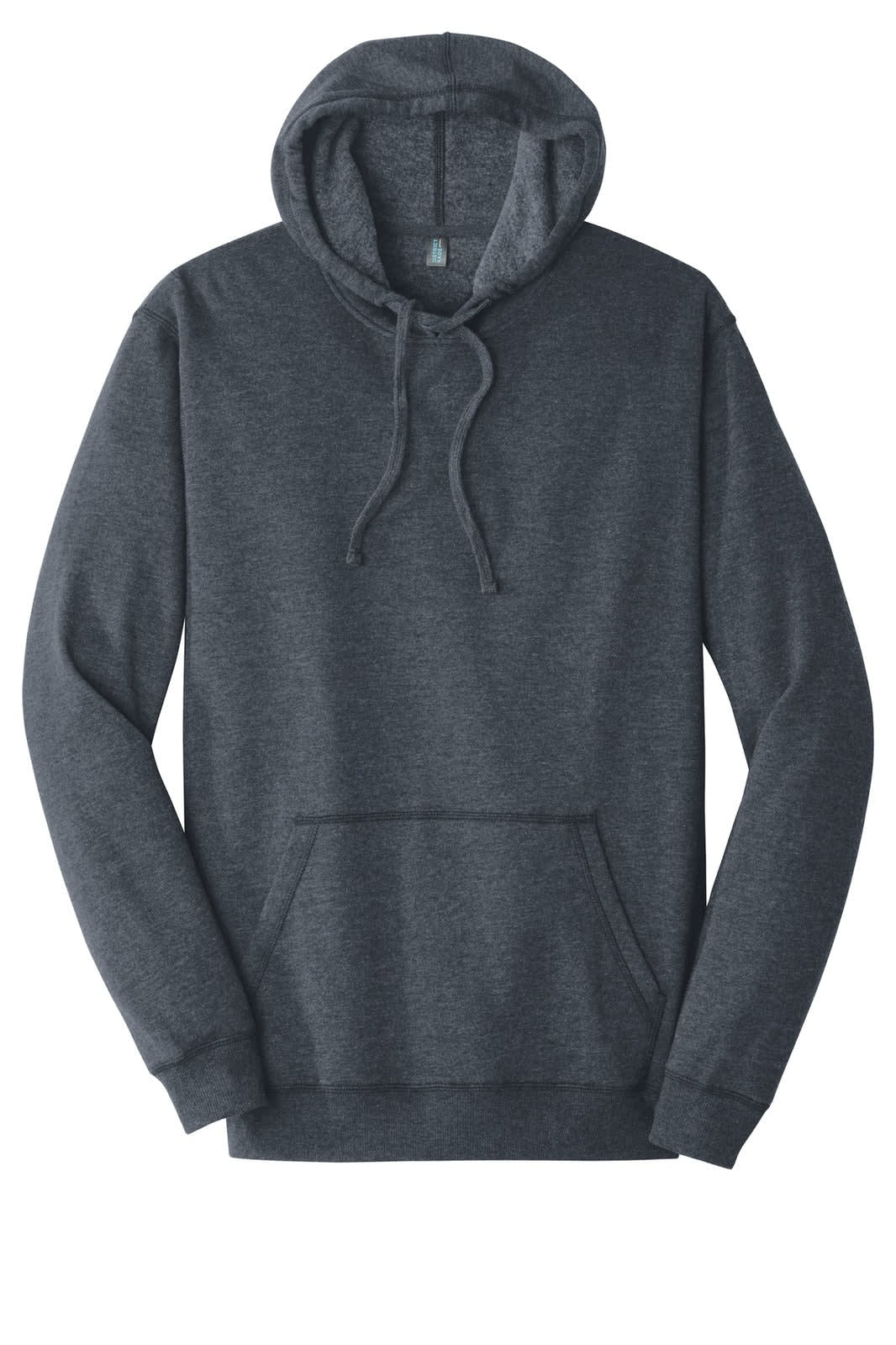 A dark grey lightweight fleece hoodie with a front pocket and adjustable drawstrings. It has a logo on one sleeve.