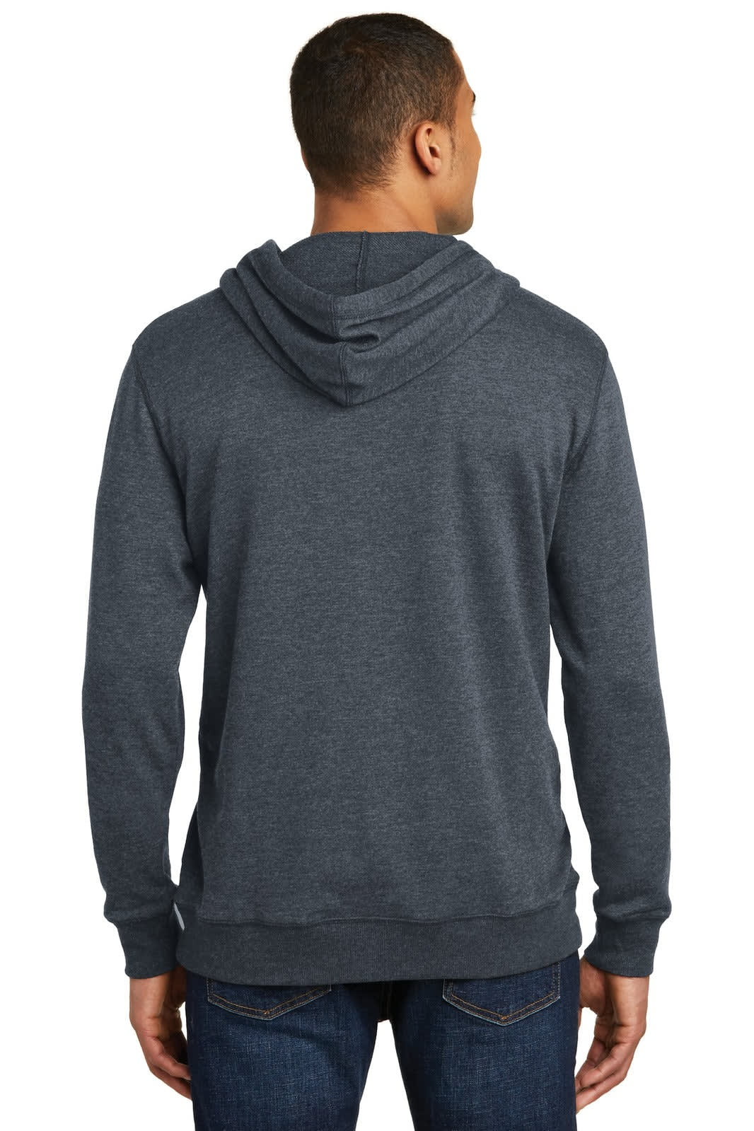 A grey lightweight fleece hoodie for men with a hood and ribbed cuffs and hem. Features a logo on the back.