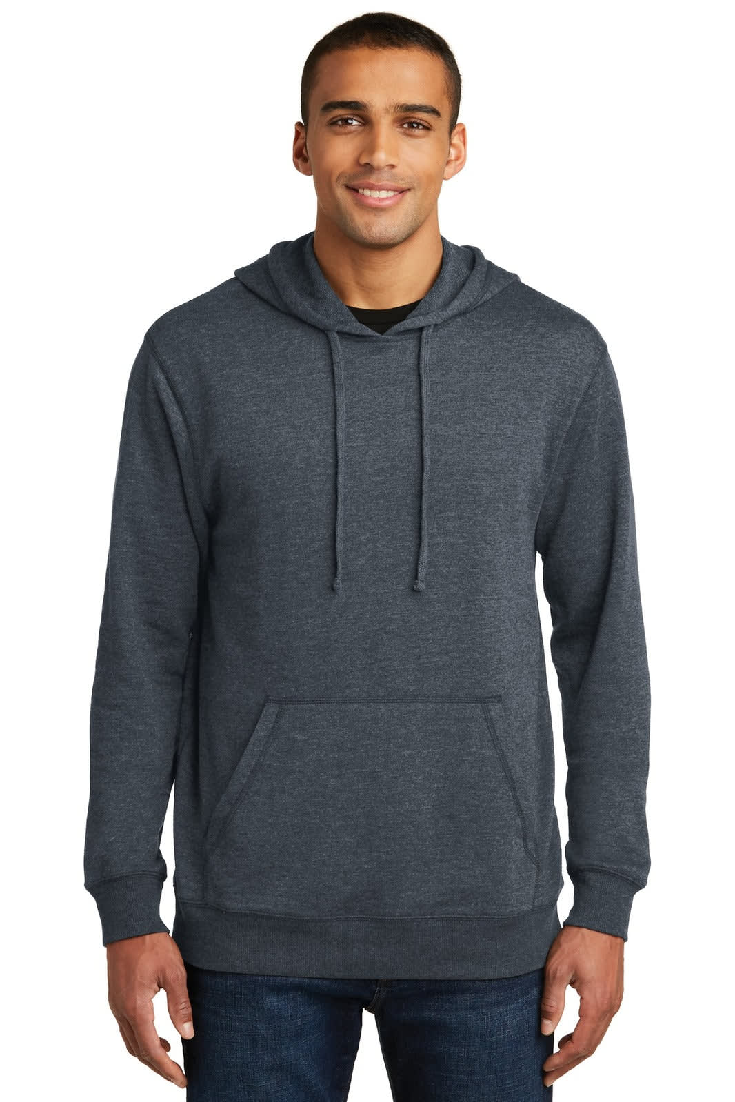 A men's lightweight fleece hoodie in dark grey, featuring a front pocket and a drawstring hood, with a logo present.