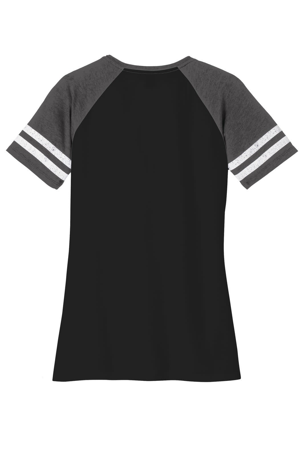 A black ladies' V-neck tee with grey raglan sleeves and white stripe detail. Features a logo on the sleeve.