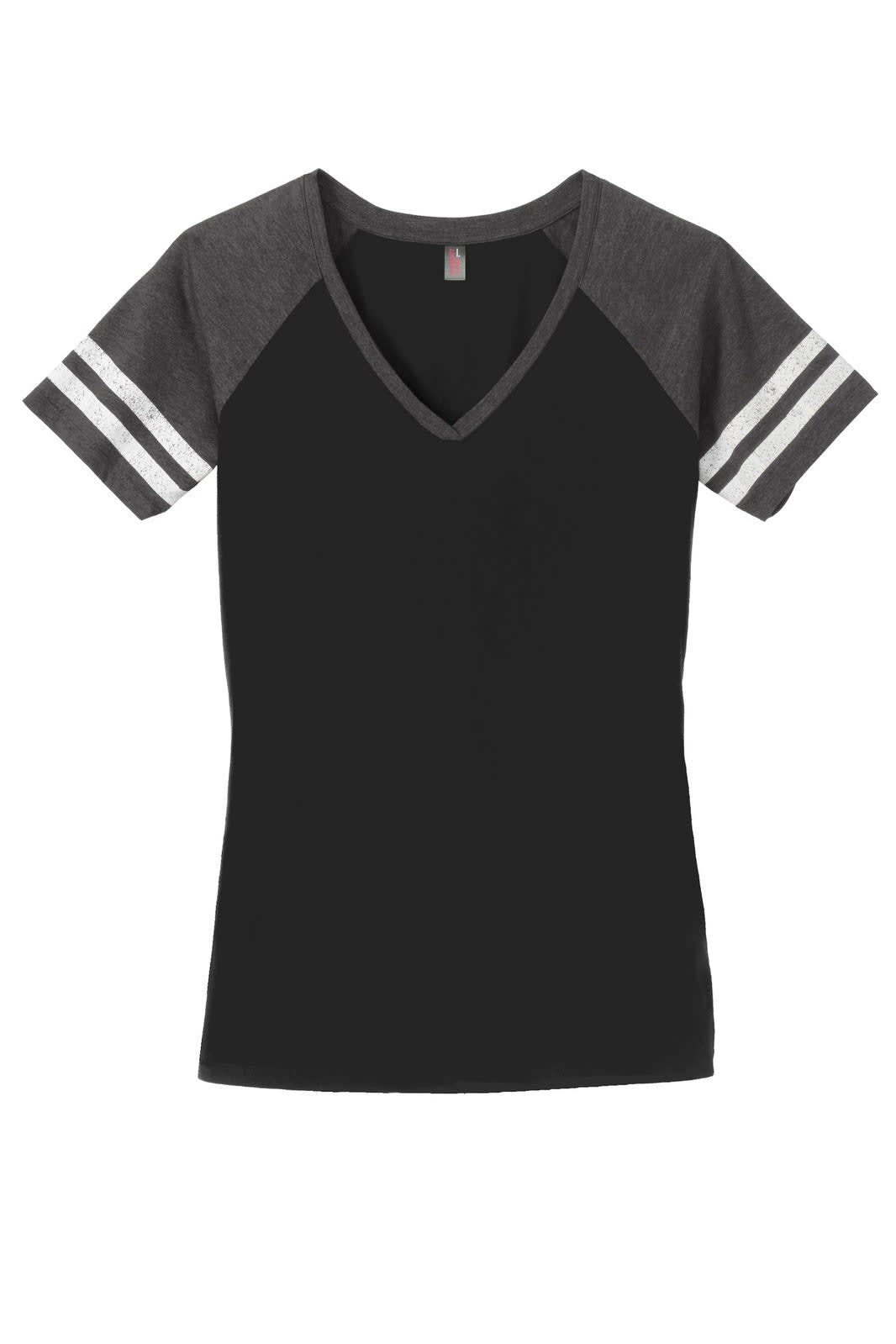 A black ladies' V-neck tee with grey raglan sleeves and white stripes. It features a logo on the label.