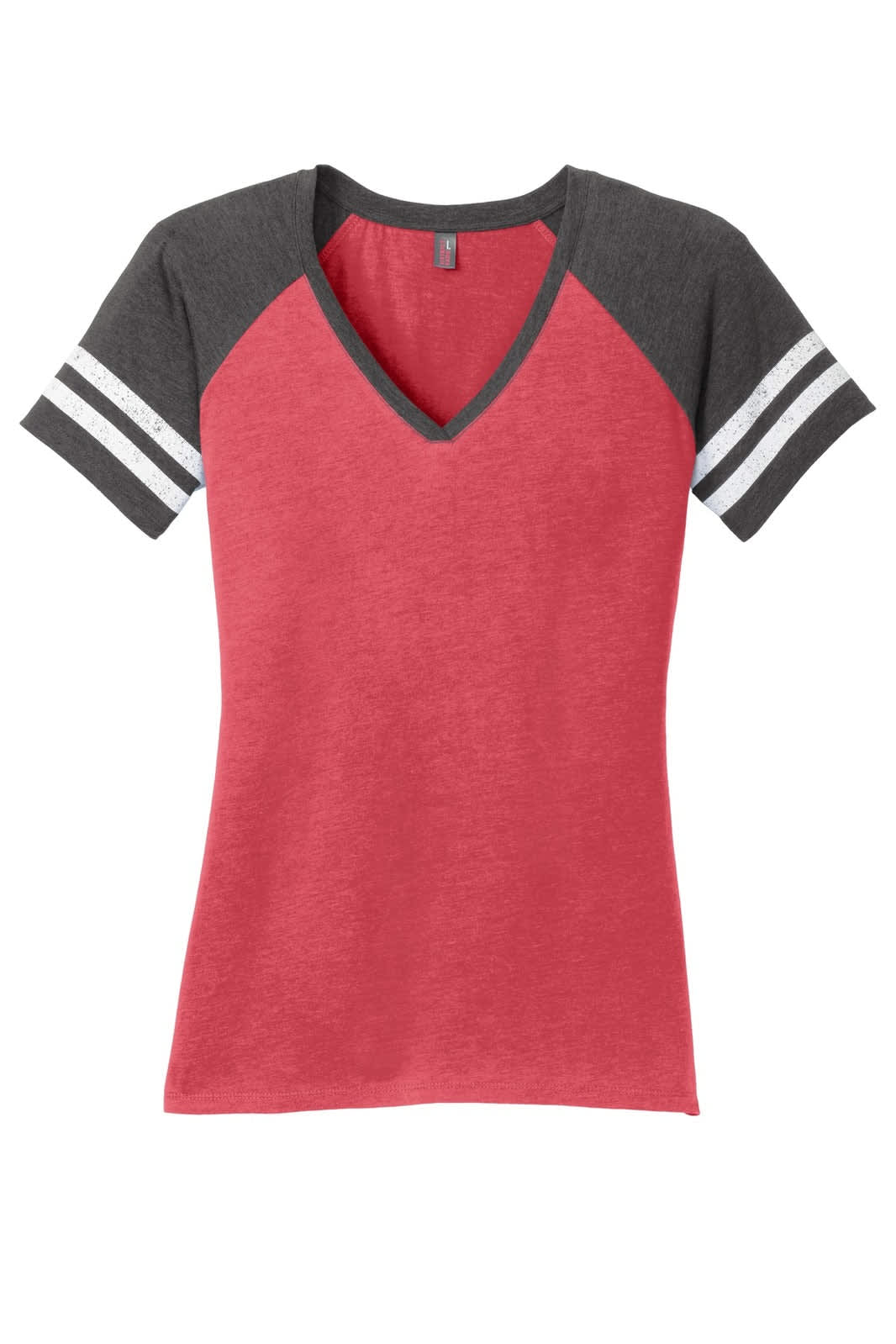 A ladies' V-neck tee in red with grey sleeves and white stripes, featuring a logo.
