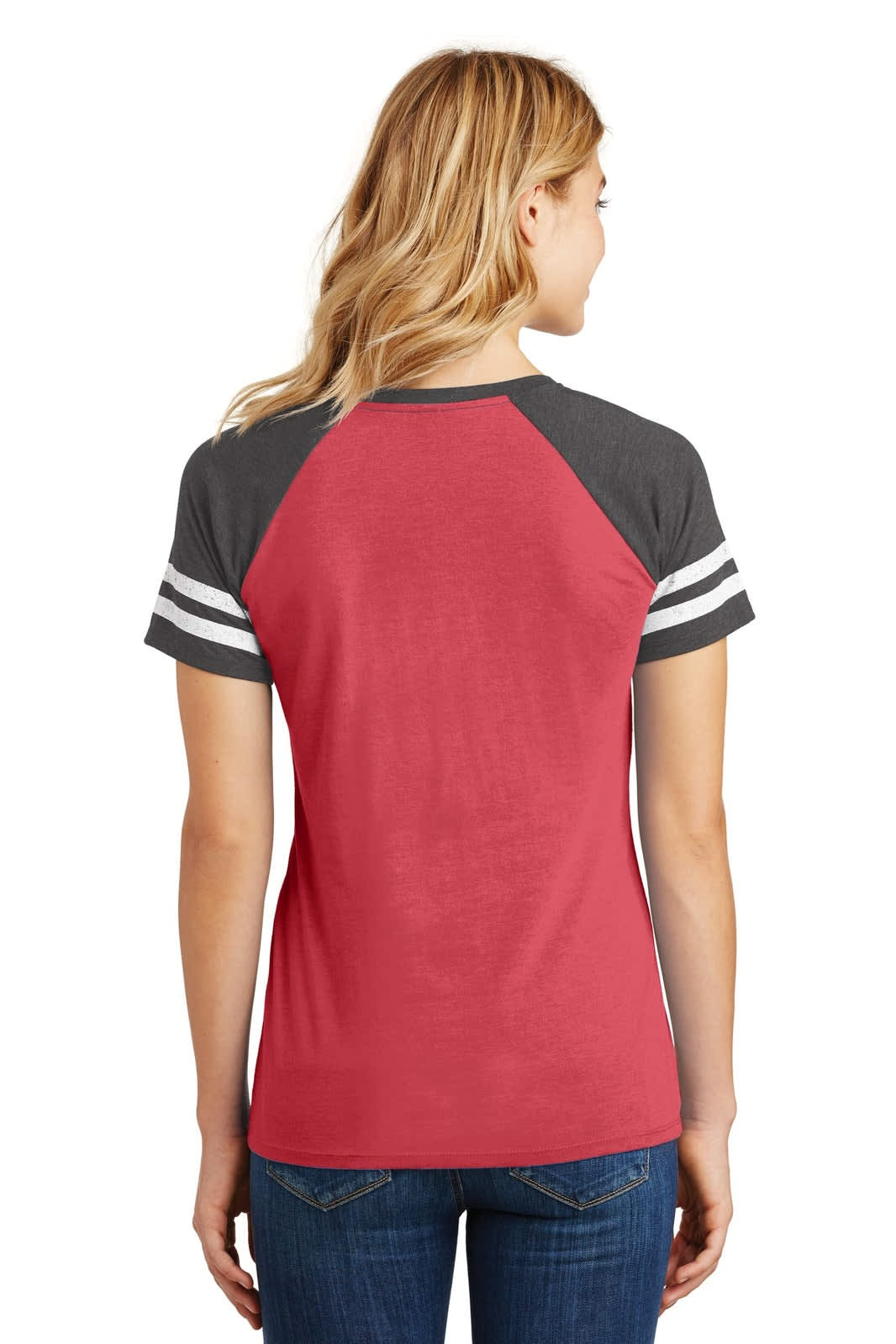 A ladies' v-neck t-shirt featuring a red body and grey raglan sleeves with white stripes, displaying a logo on the front.