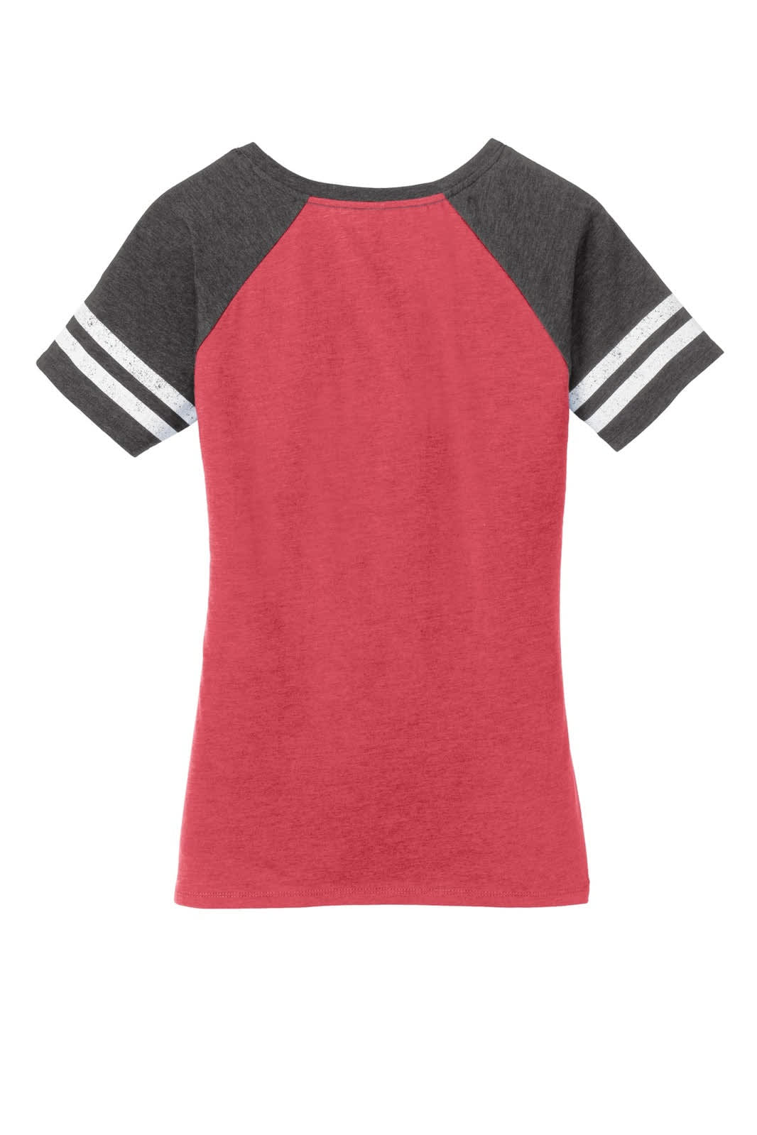 A ladies' V-neck tee featuring a red body and grey raglan sleeves with white stripes. It also has a logo.