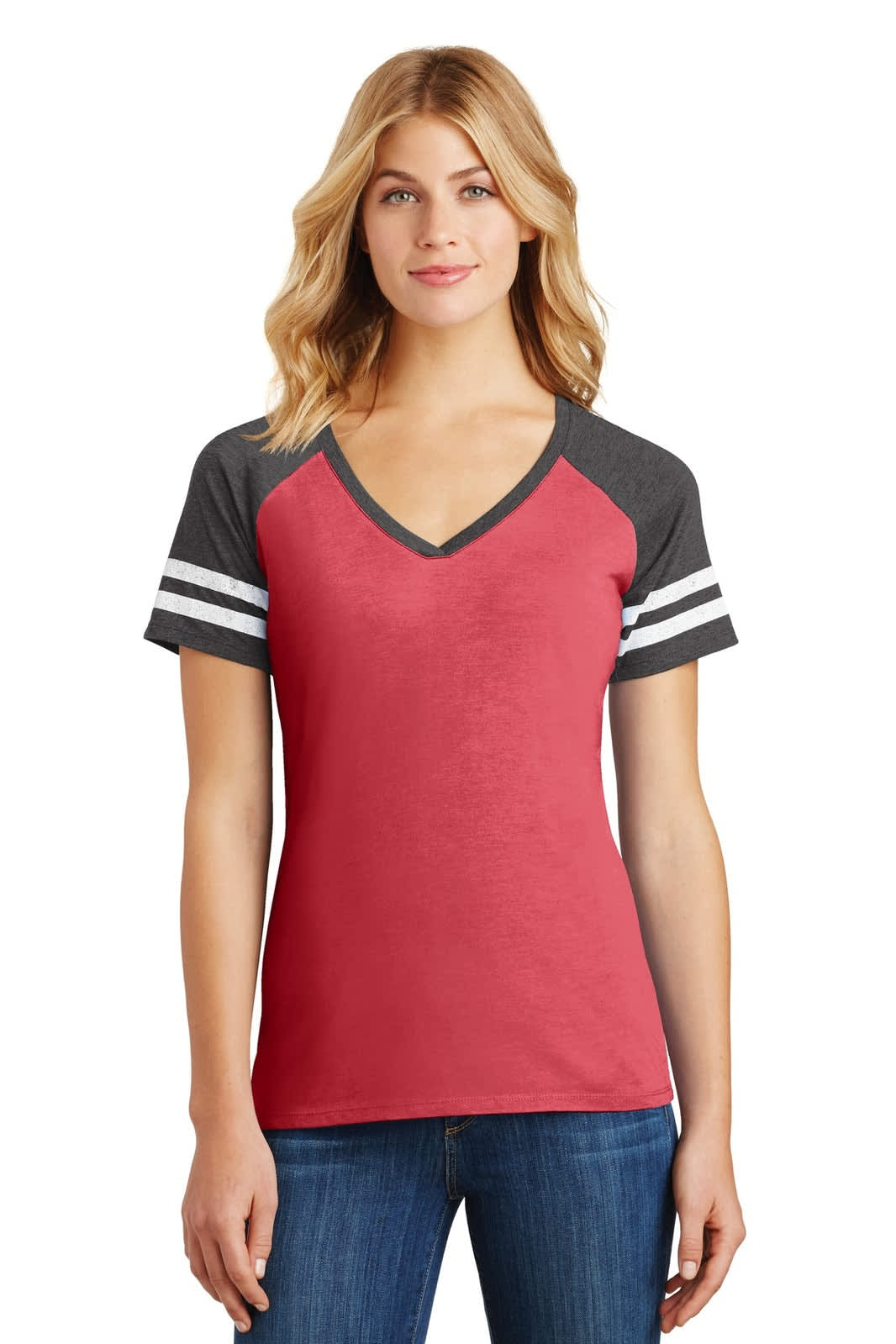 A red and grey V-neck tee with contrasting sleeves featuring three stripes and a logo.