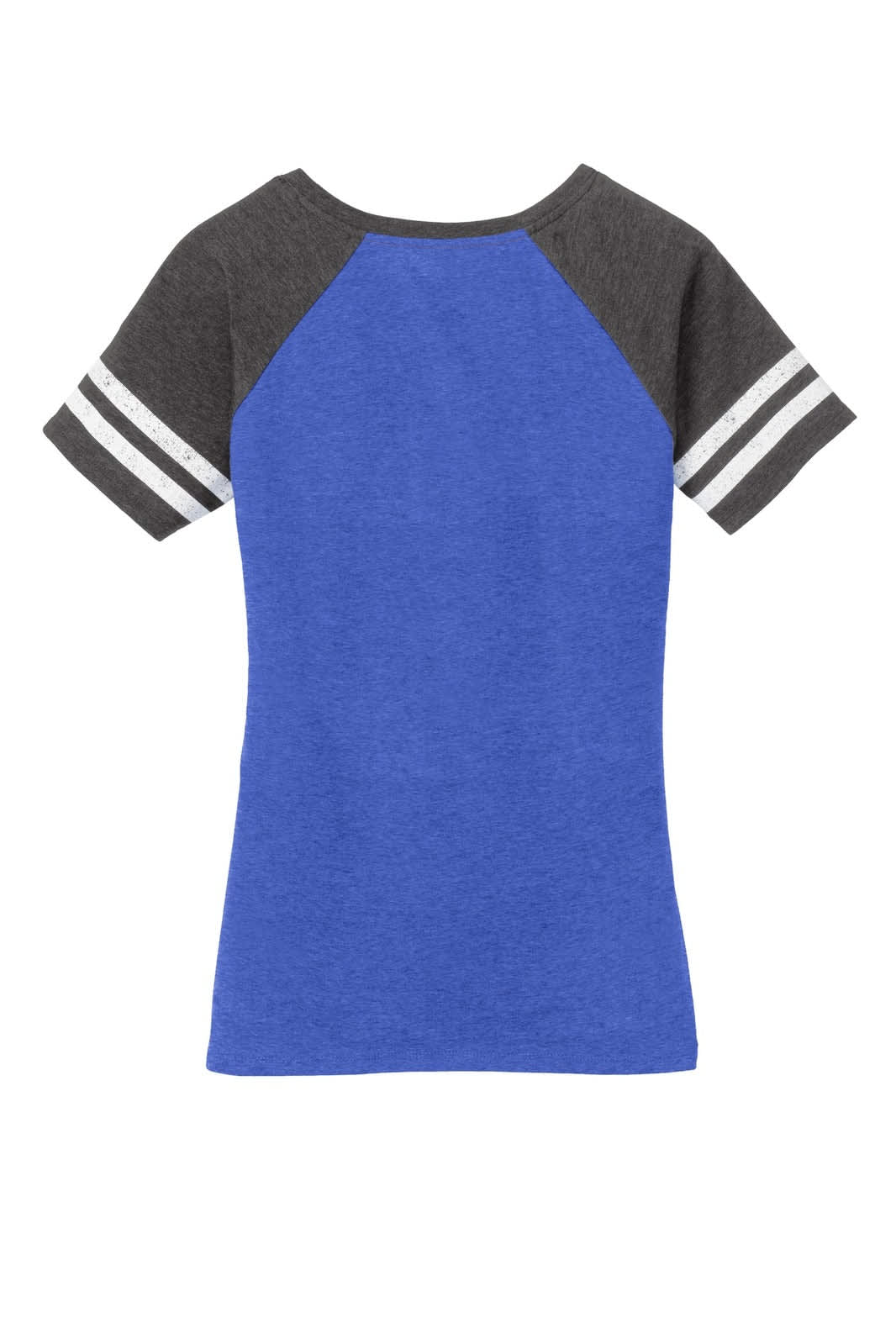 A blue ladies' V-neck tee with grey sleeves featuring white stripes and a logo.