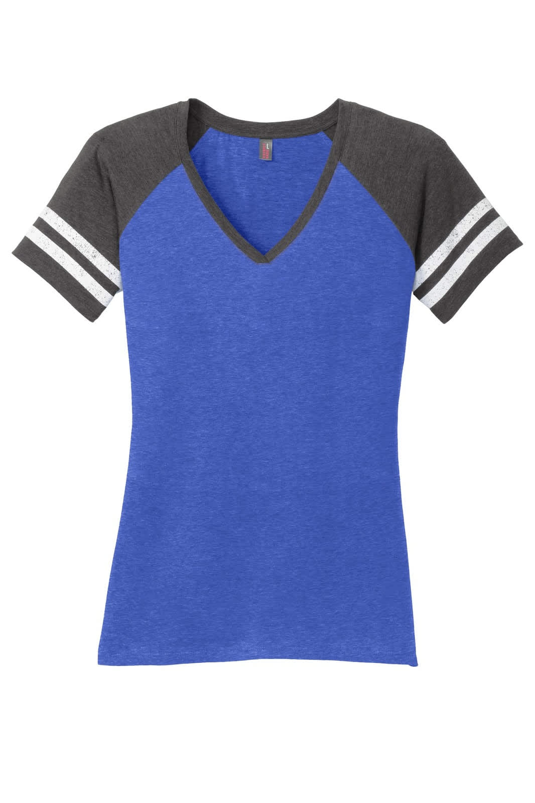 A blue V-neck tee with grey raglan sleeves and white stripes, featuring a logo on the front.