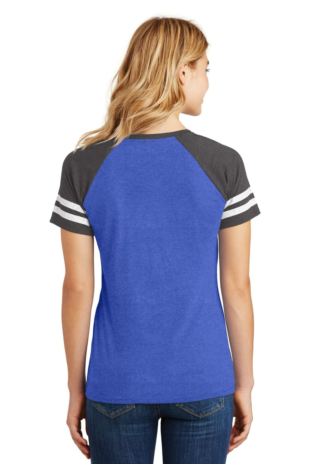 A blue ladies V-neck tee with grey raglan sleeves and white stripes on the sleeves. The back view is displayed.