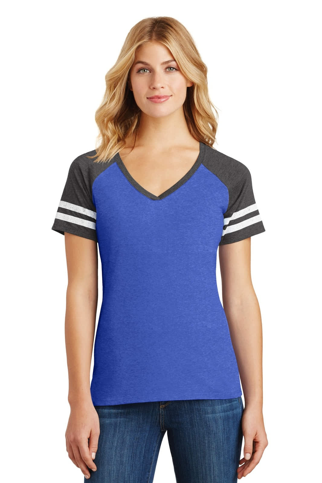 A blue ladies' V-neck tee with grey sleeves featuring white stripes and a logo.