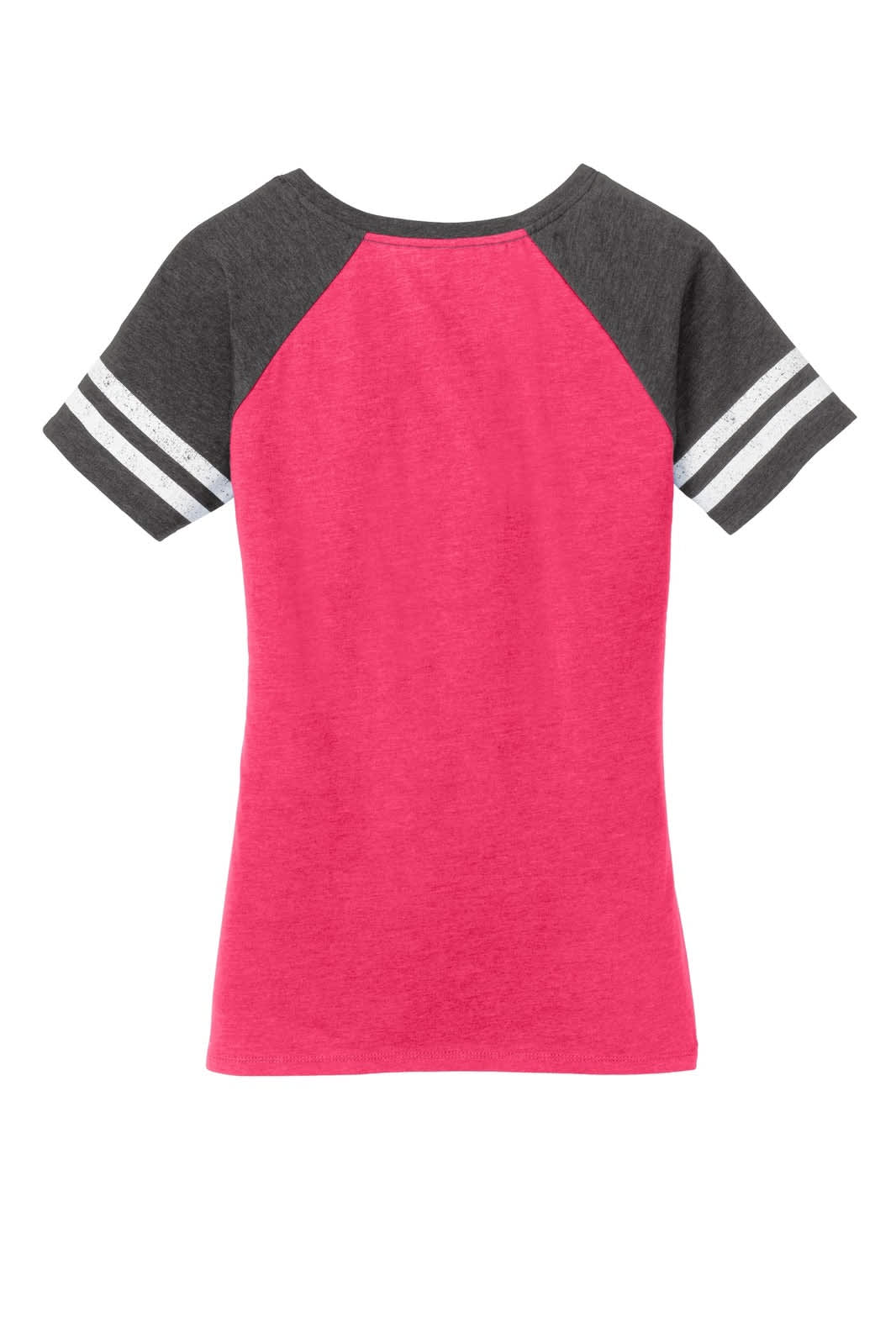 A pink V-neck tee with grey raglan sleeves and white stripes, featuring a logo on the back.