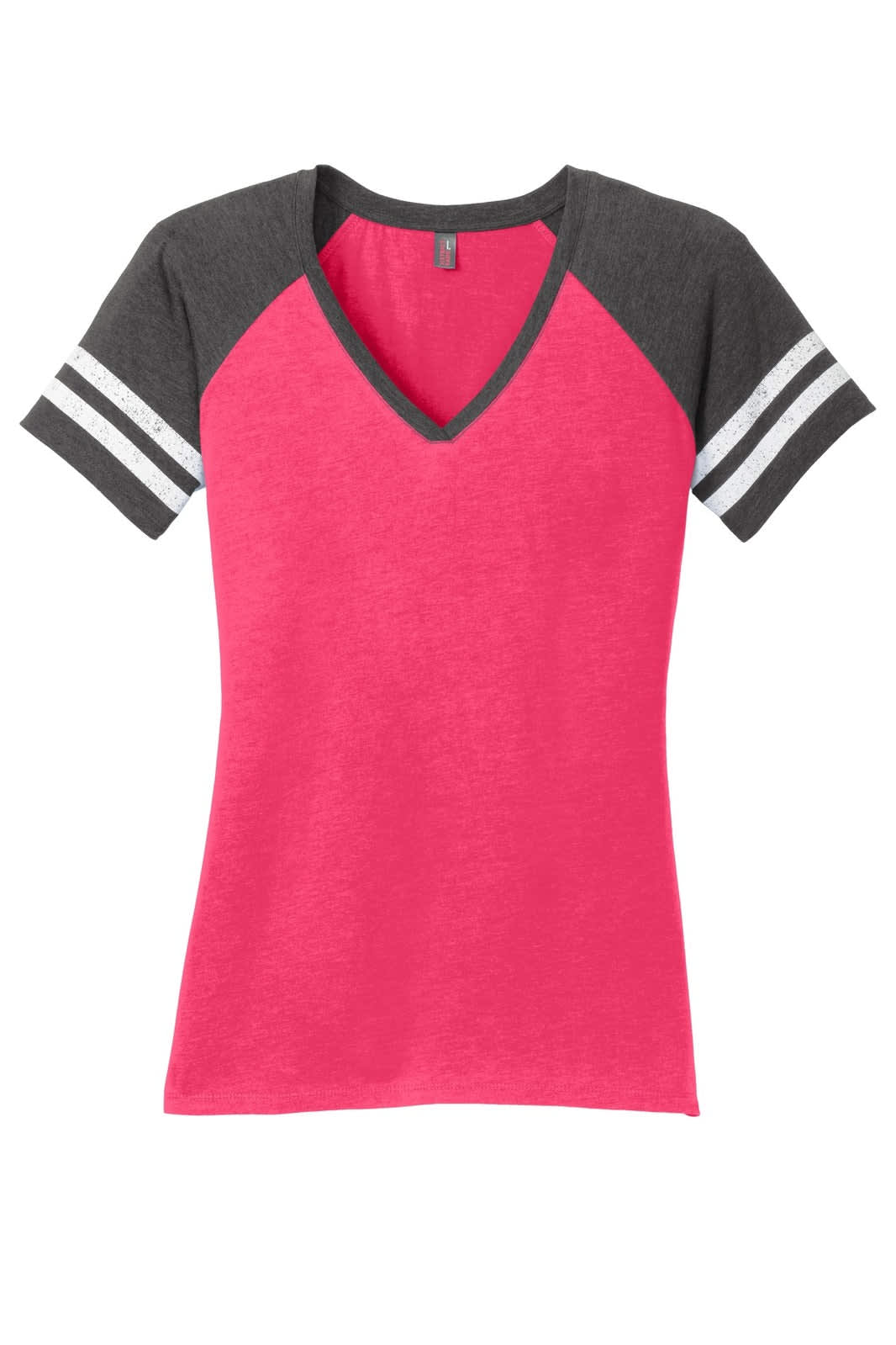 A pink v-neck tee with grey sleeves featuring white stripes. The shirt has a relaxed fit and a logo.
