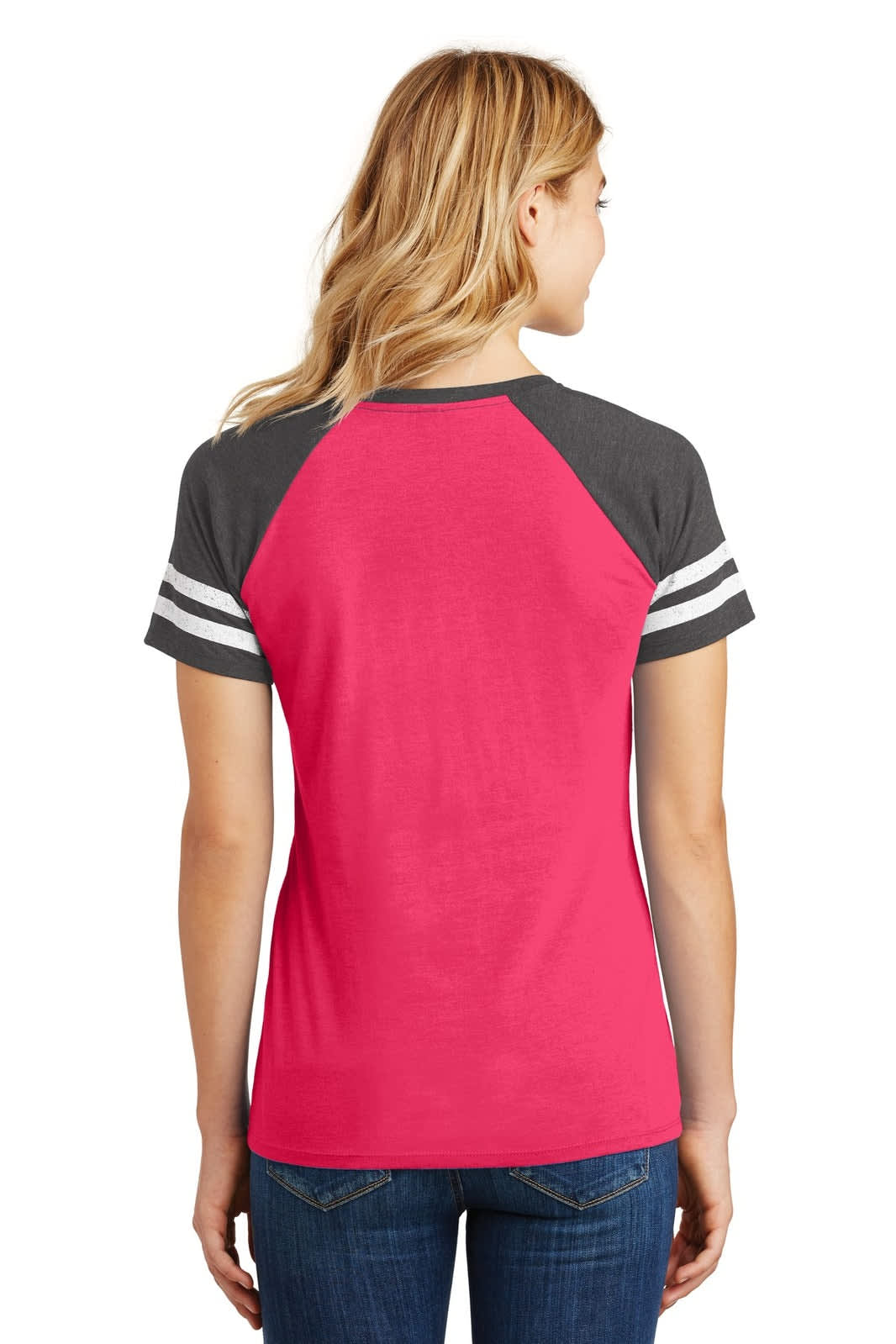 A pink v-neck tee with grey sleeves and white stripes, featuring a logo on the back.