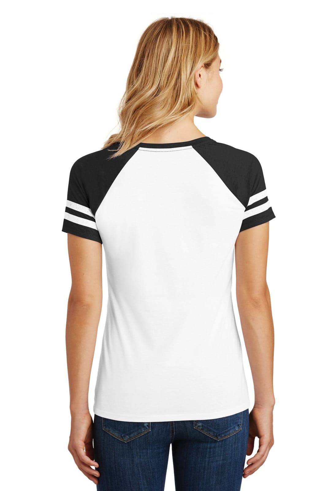 A women's V-neck tee featuring a white body and black raglan sleeves with stripes. It has a logo on the back.
