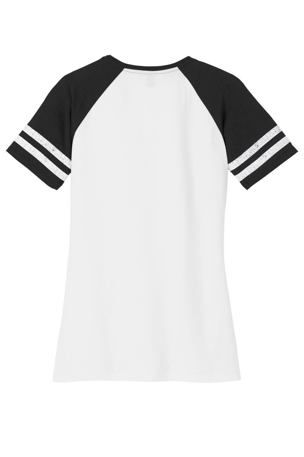 A women's V-neck T-shirt featuring a white body with black raglan sleeves and striped detailing. It has a logo.