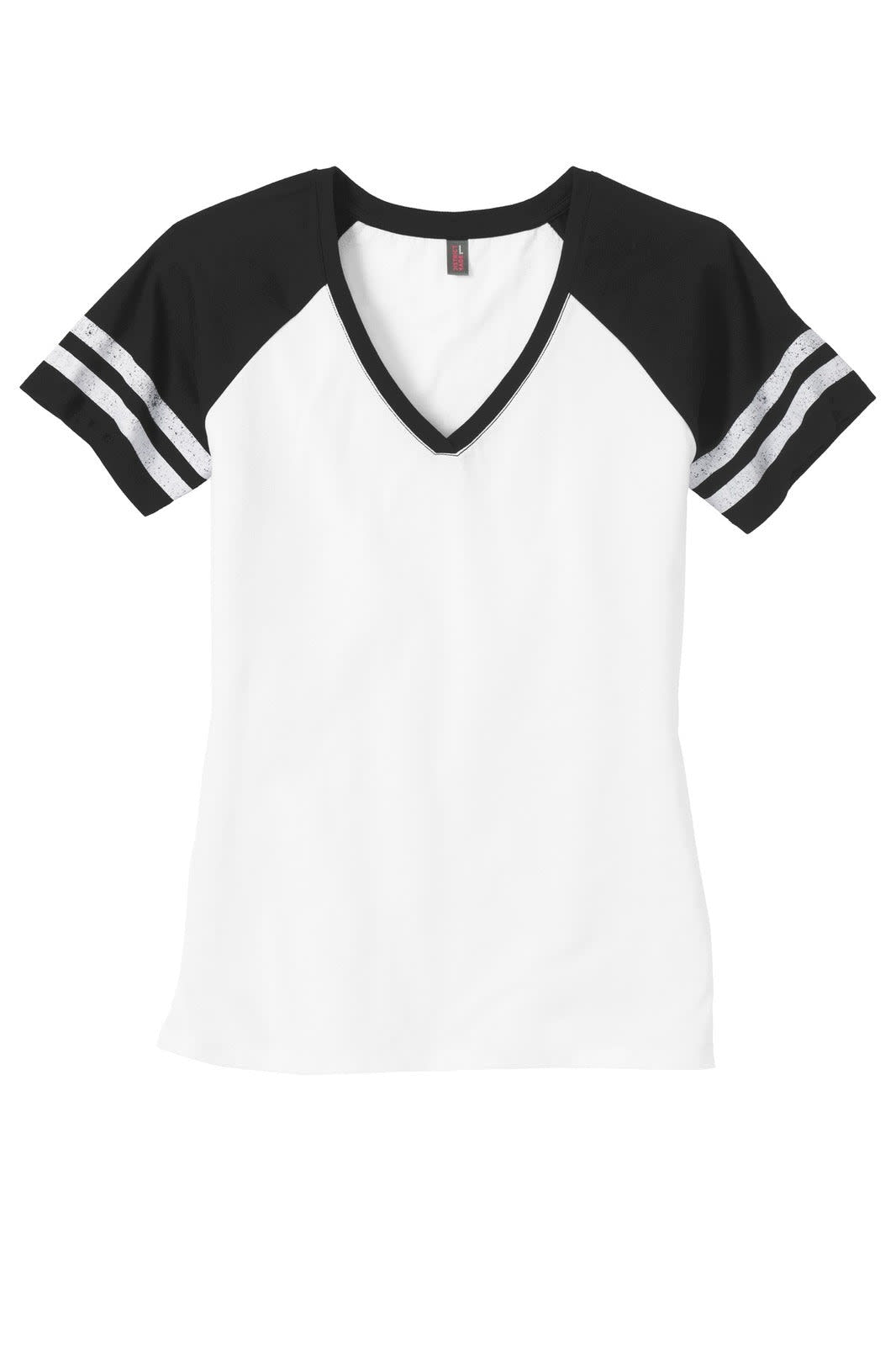 A ladies' v-neck t-shirt featuring white fabric with black sleeves and stripes, along with a logo.