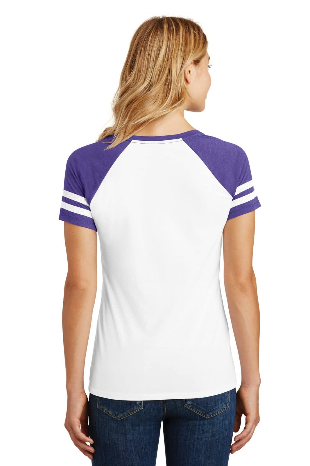 A ladies' V-neck tee featuring a white body and purple raglan sleeves with striped details. It has a logo on the back.