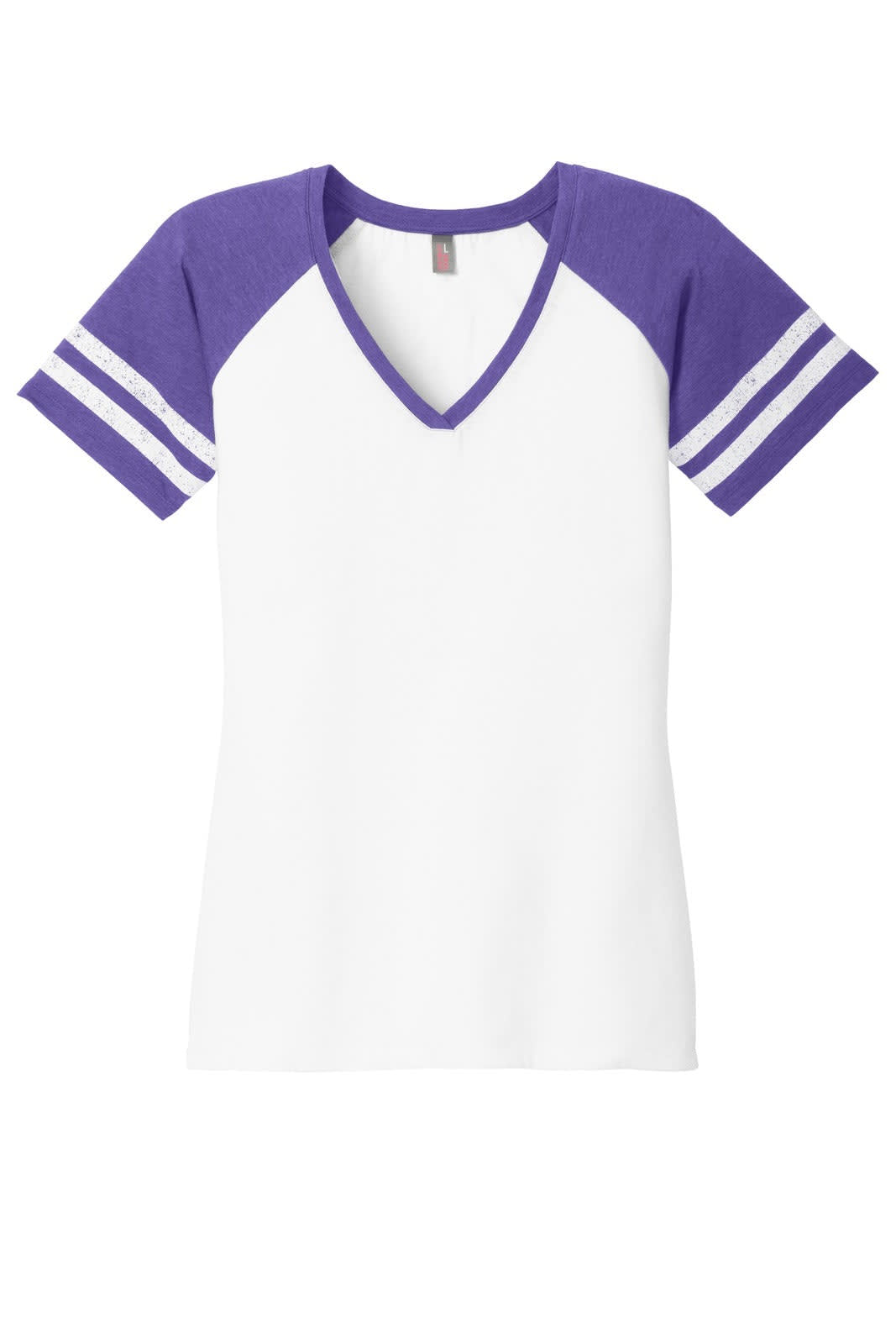 A ladies' V-neck T-shirt featuring purple sleeves and white body, with stripes on the sleeves and a logo.