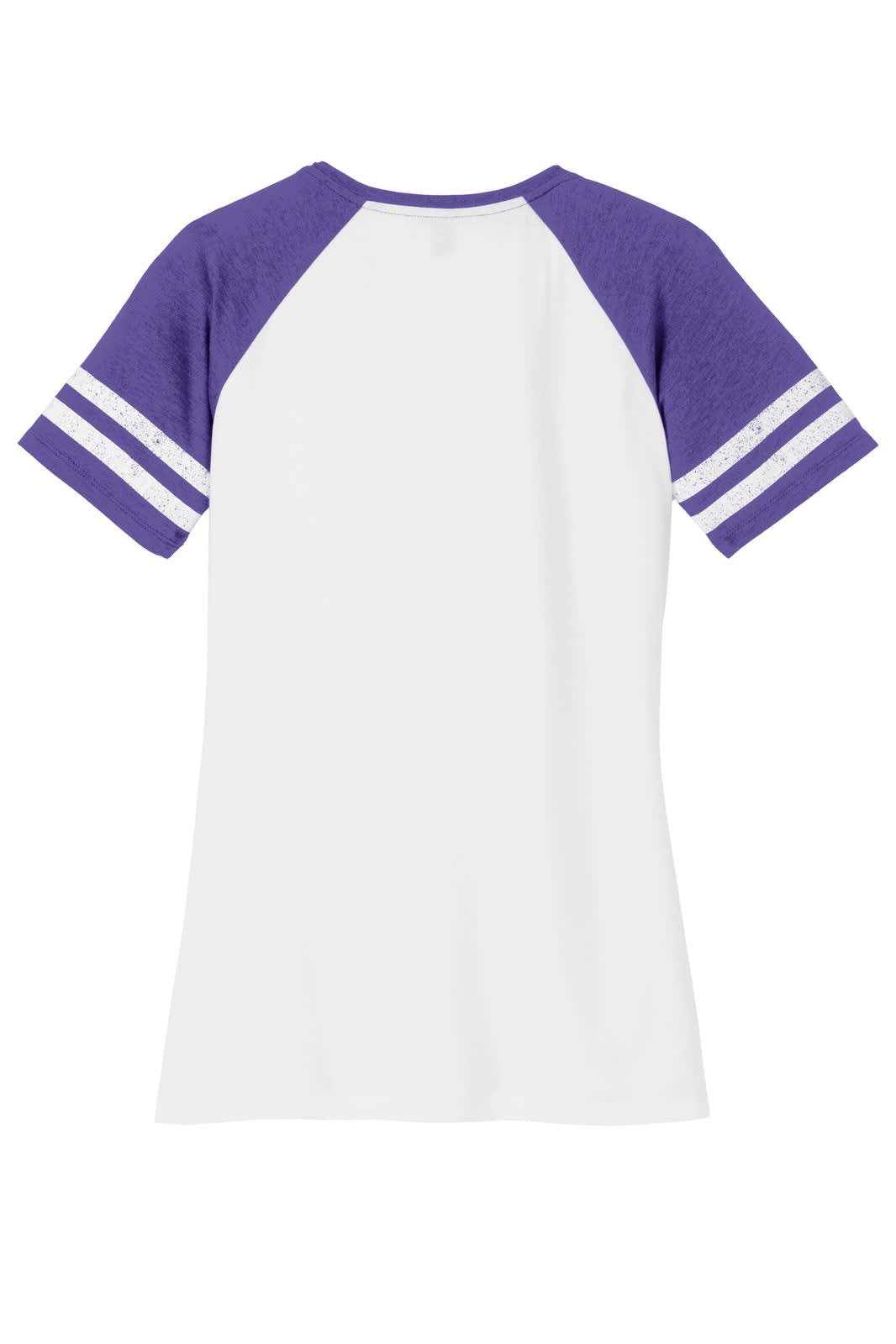 A ladies’ game v-neck tee featuring a white body with purple sleeves and stripes, and a logo on the side.