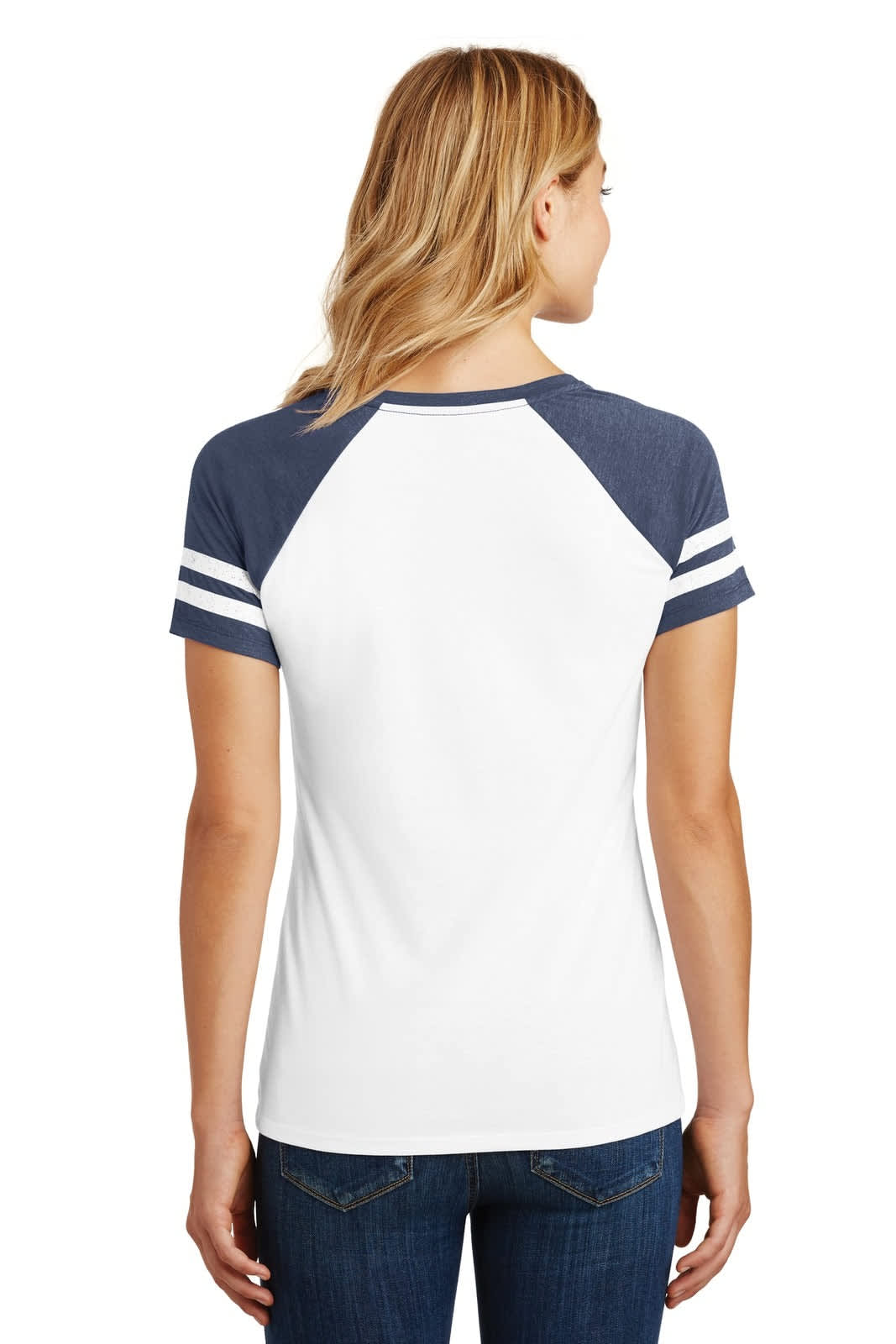 A ladies' v-neck t-shirt featuring navy blue raglan sleeves and stripes on the shoulders, set against a white body.