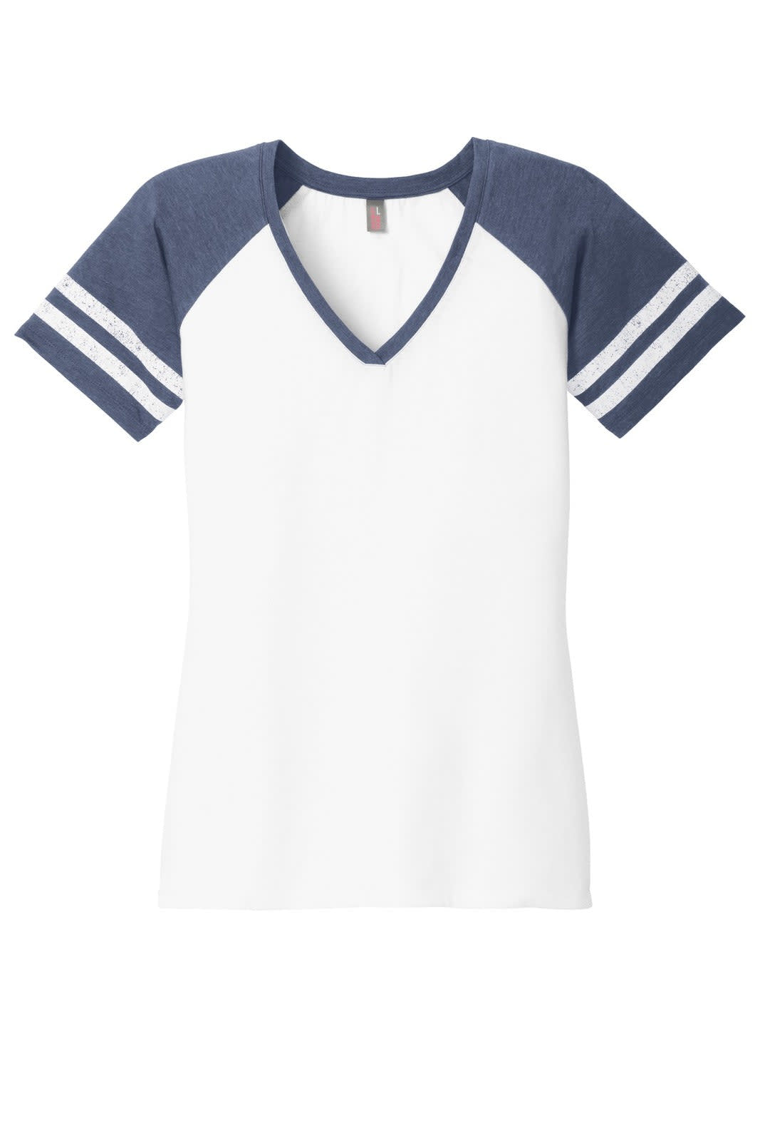 A ladies' v-neck tee in white with navy blue raglan sleeves and stripes. Features a logo on the front.