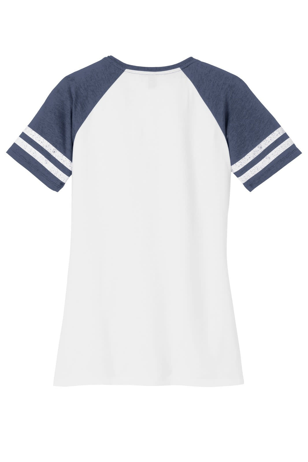 A V-neck tee with navy blue raglan sleeves and a white body, featuring striped detailing on the sleeves.