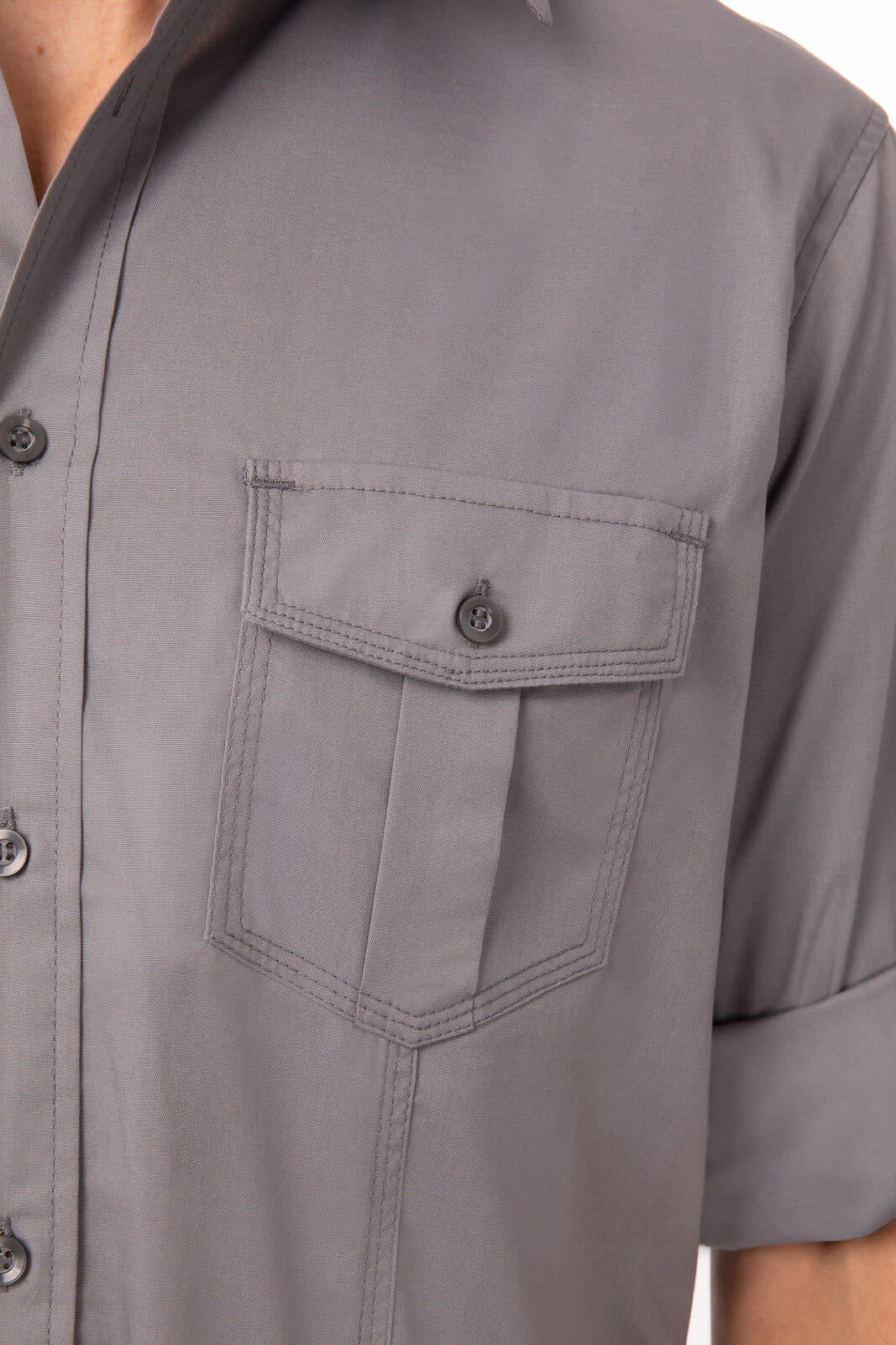 A grey button-up shirt featuring a chest pocket and short sleeves, with a subtle logo on the fabric.