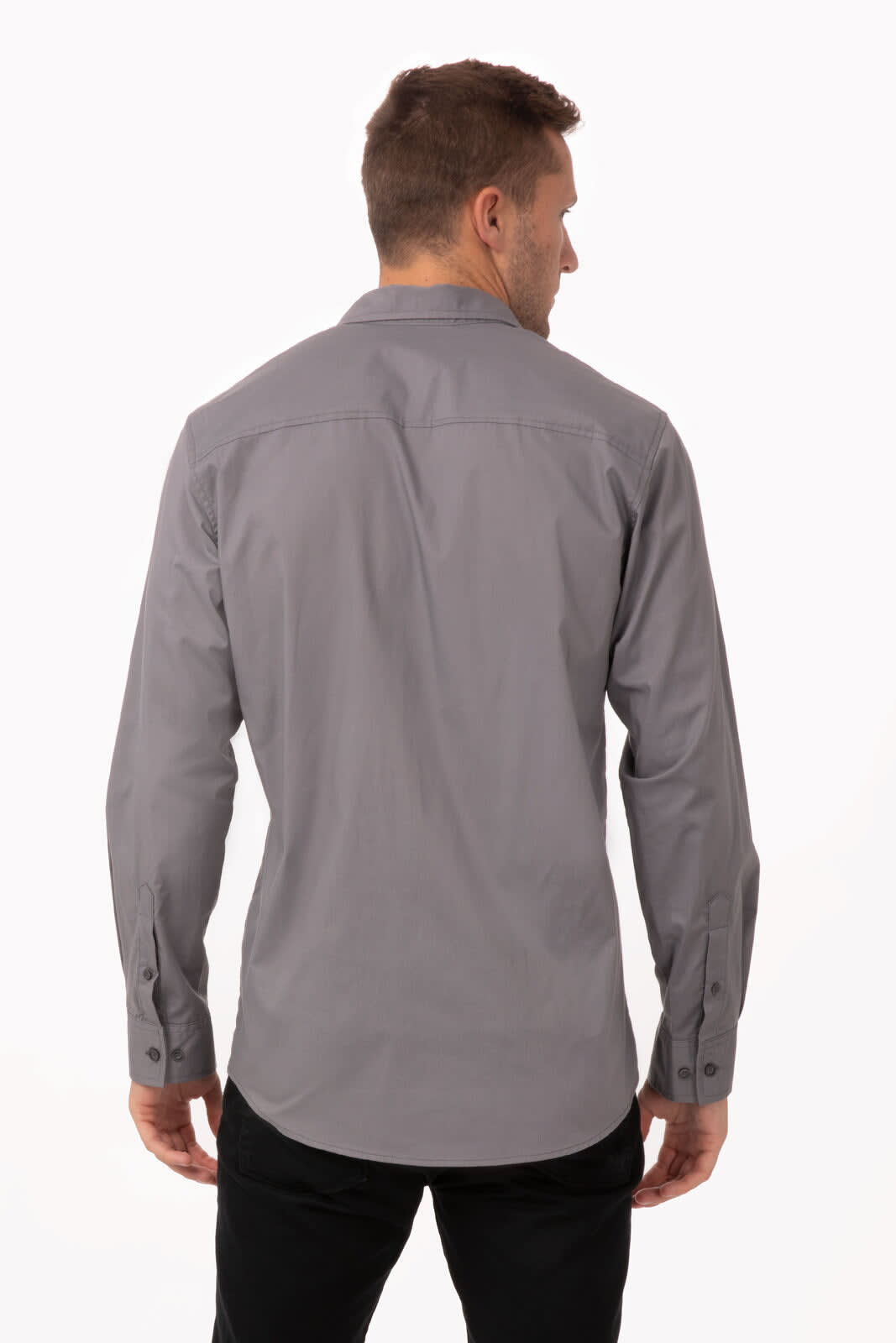 A grey button-up shirt with a collar and long sleeves, featuring a logo on the back.