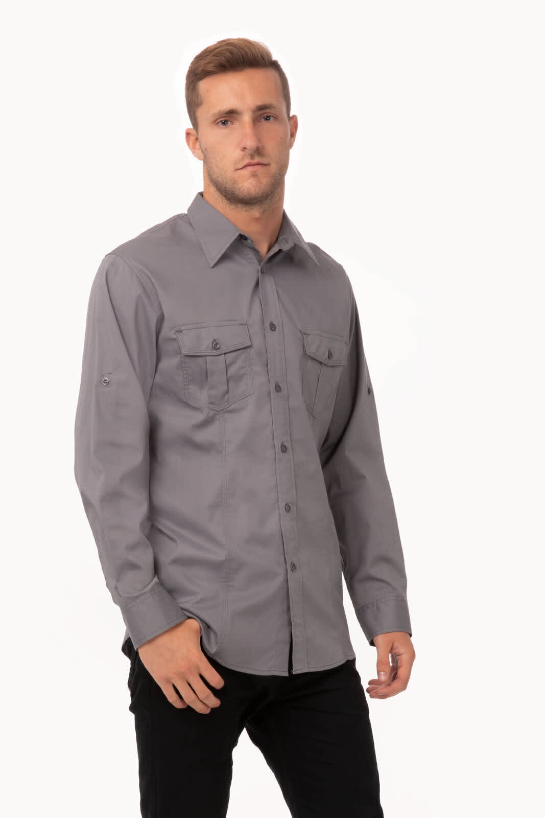 A men's button-up shirt in grey with long sleeves and two chest pockets, featuring a logo.