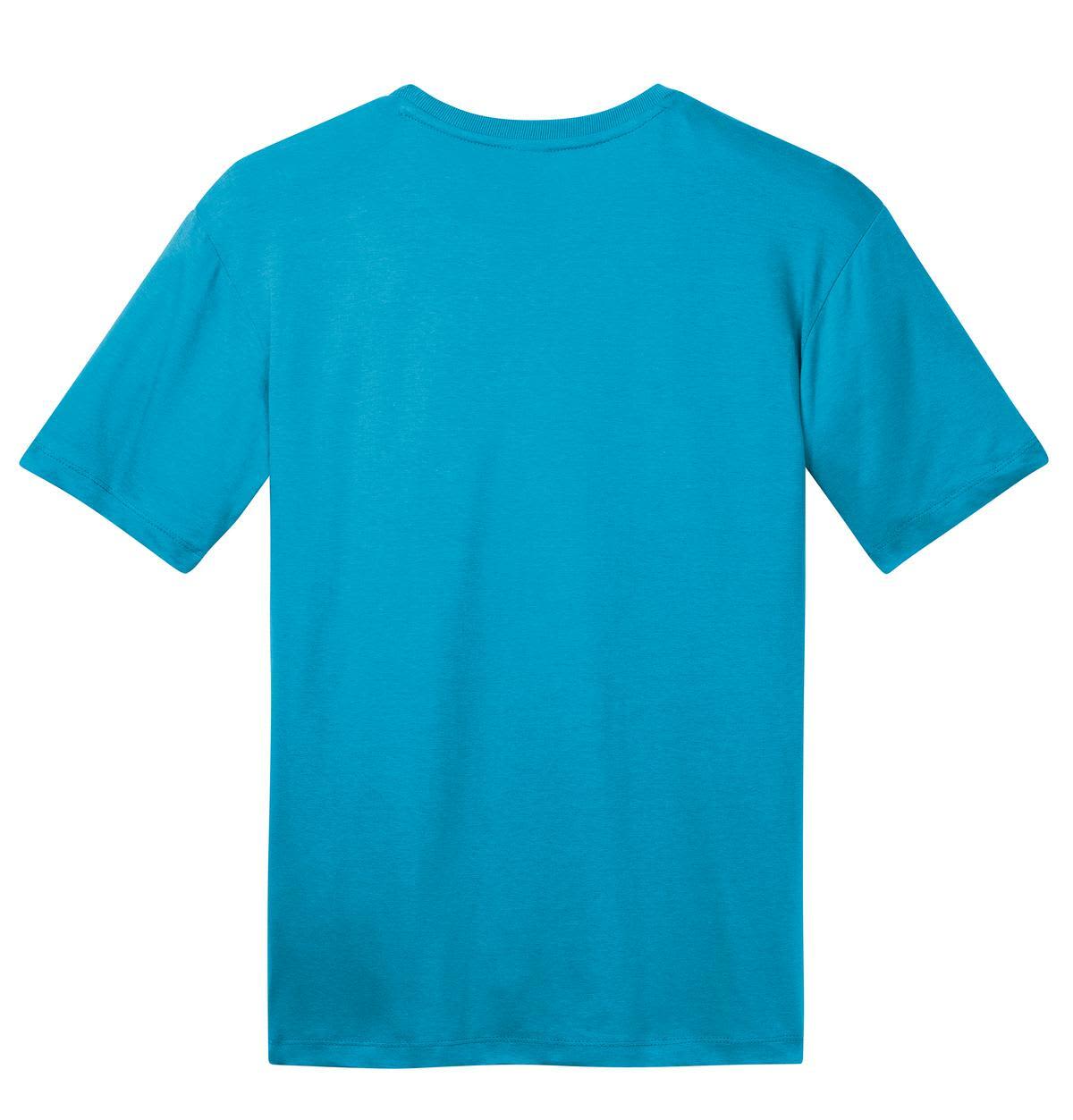 A turquoise crew tee with short sleeves and a plain back, featuring a logo on the interior label.