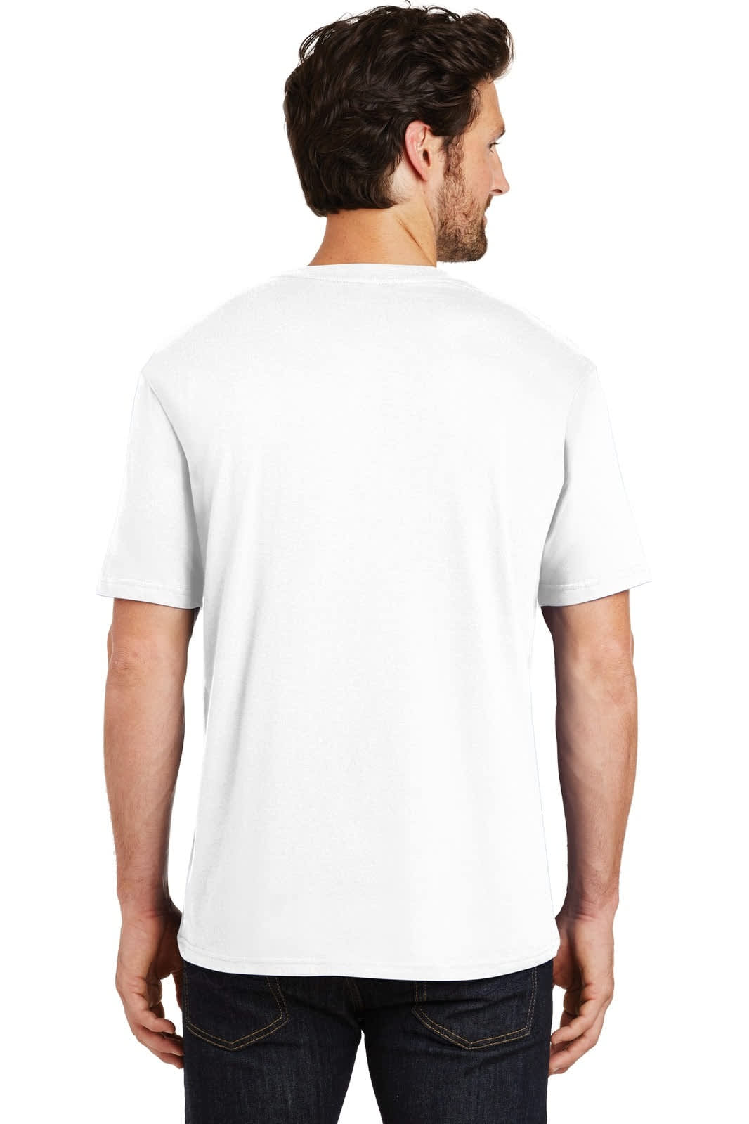 A man is wearing a plain white crew t-shirt, viewed from the back. The shirt features a logo.