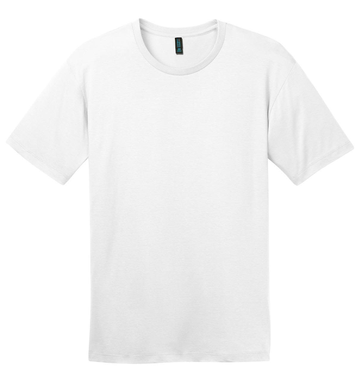 A white crew tee featuring short sleeves and a circular neckline, with a logo on the label.